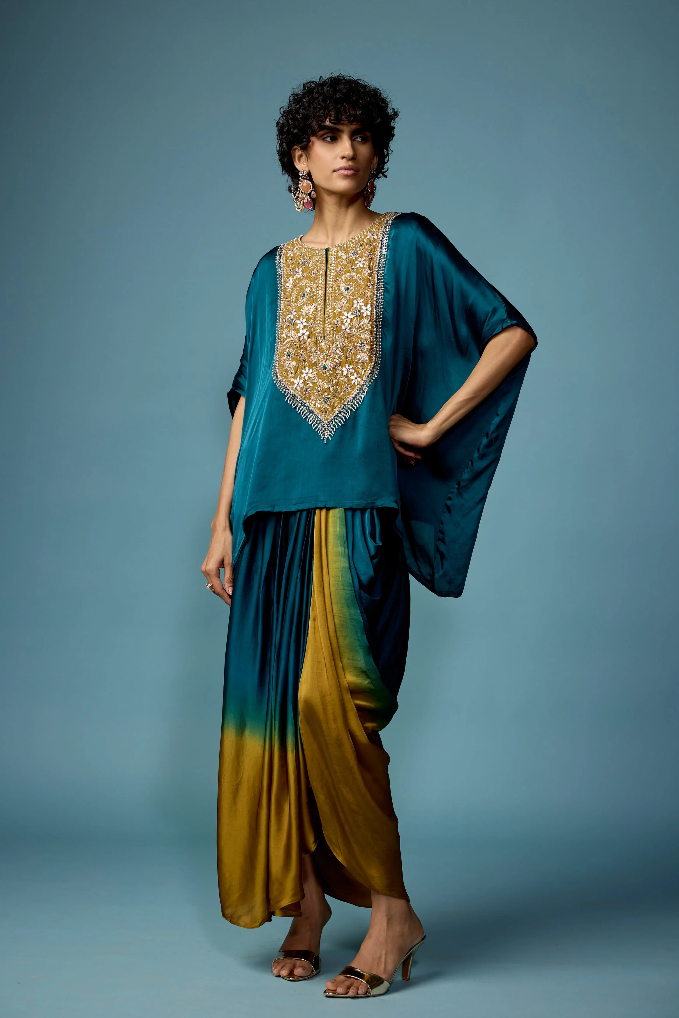 Teal Green Embellished Satin Silk Drape Skirt Set - Image 4