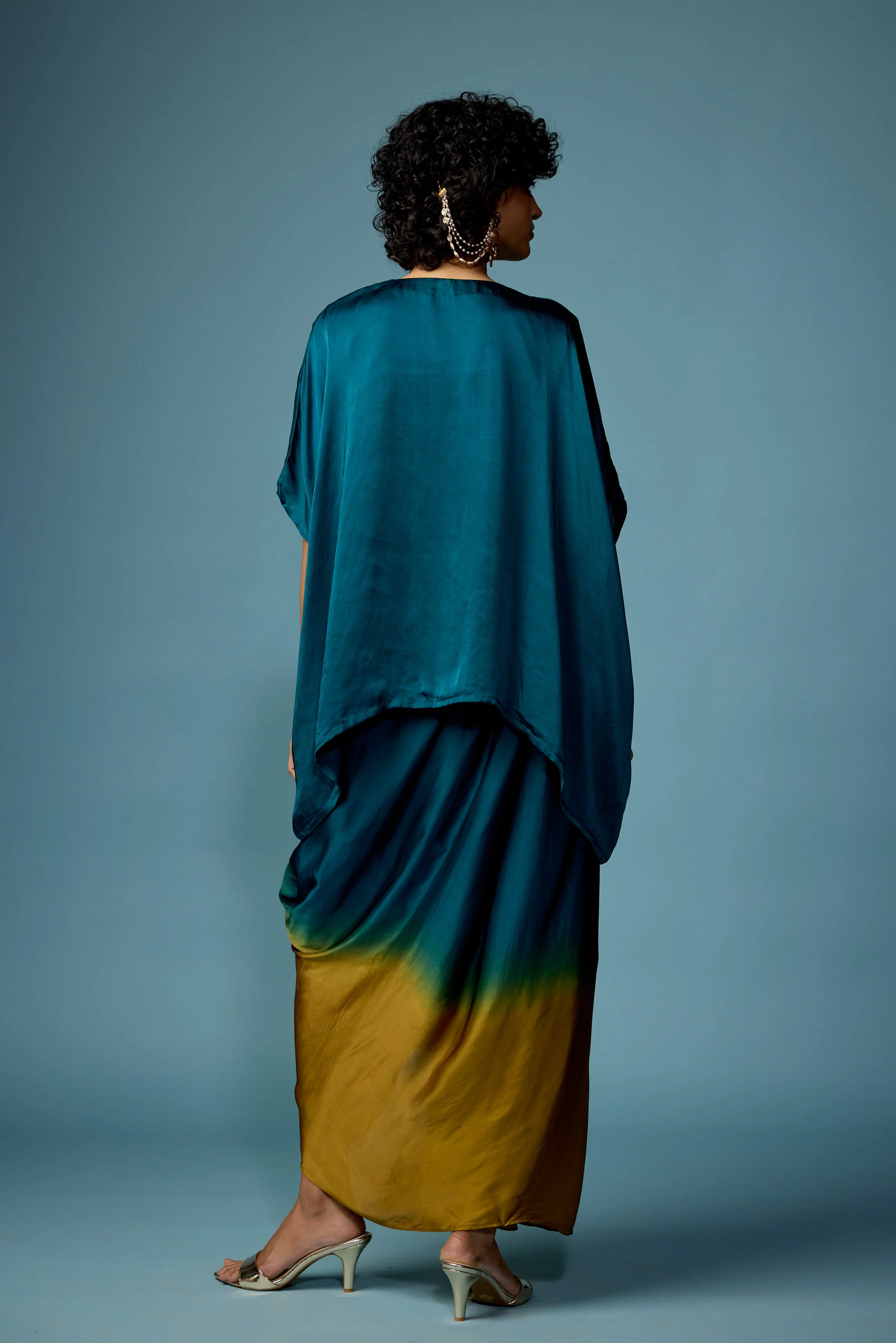 Teal Green Embellished Satin Silk Drape Skirt Set - Image 5