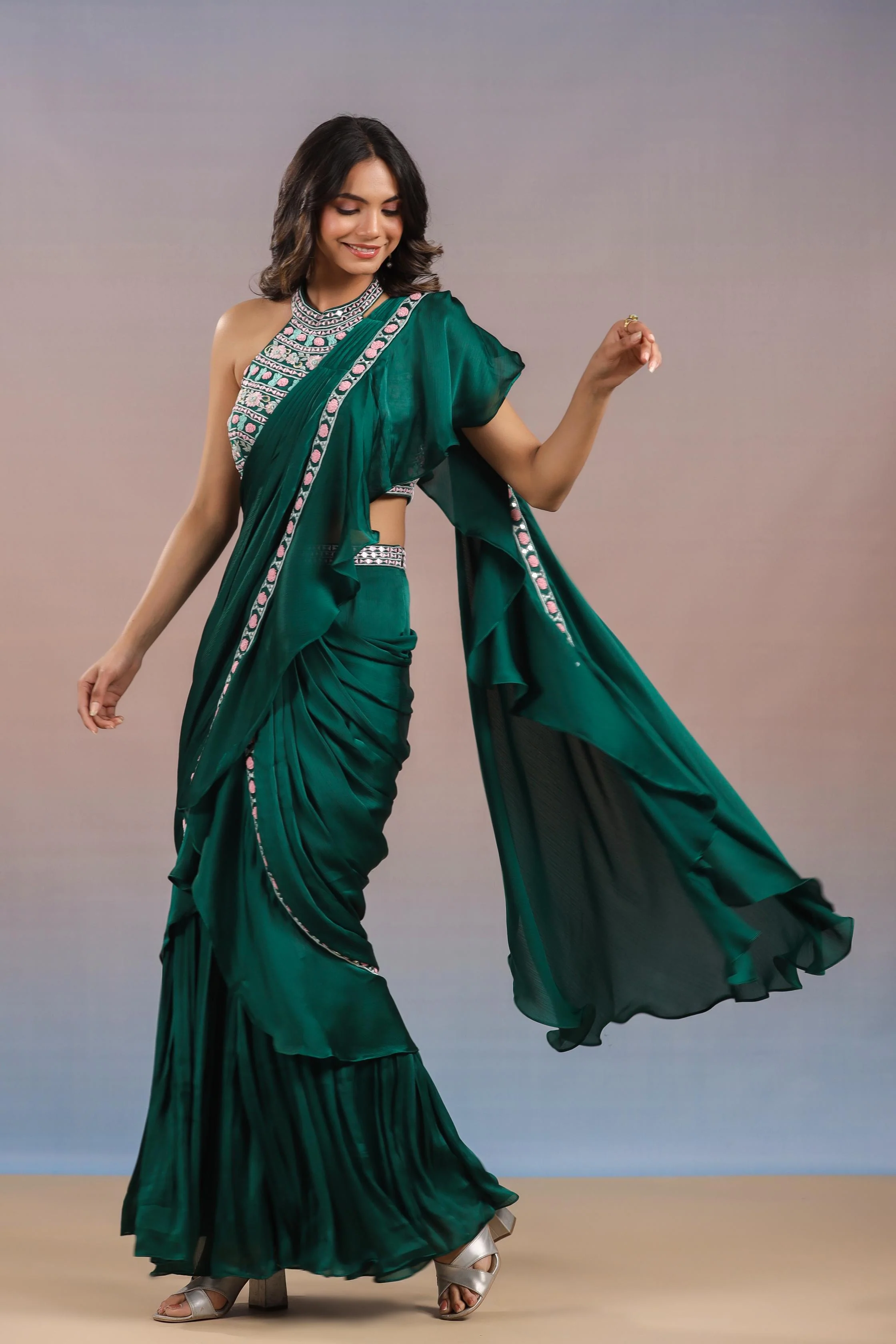 Teal Green Embroidered Premium Chinon Silk Draped Saree - Image 3
