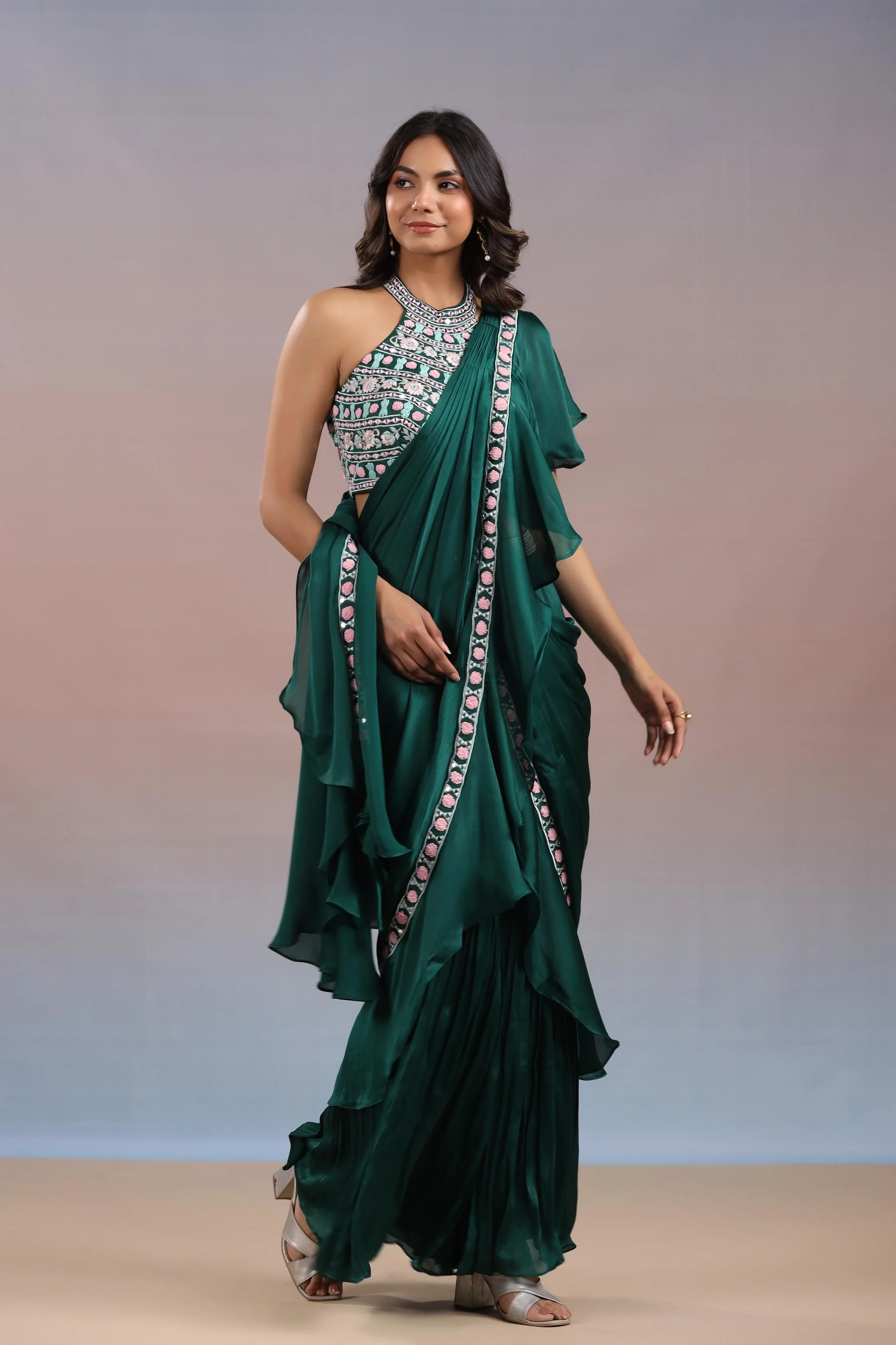 Teal Green Embroidered Premium Chinon Silk Draped Saree - Image 4