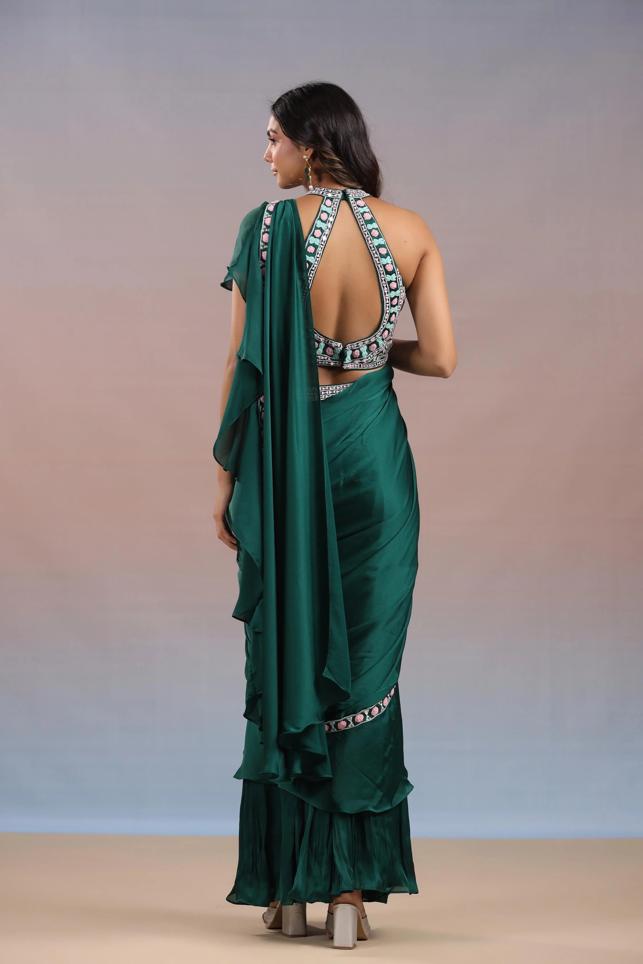Teal Green Embroidered Premium Chinon Silk Draped Saree - Image 5