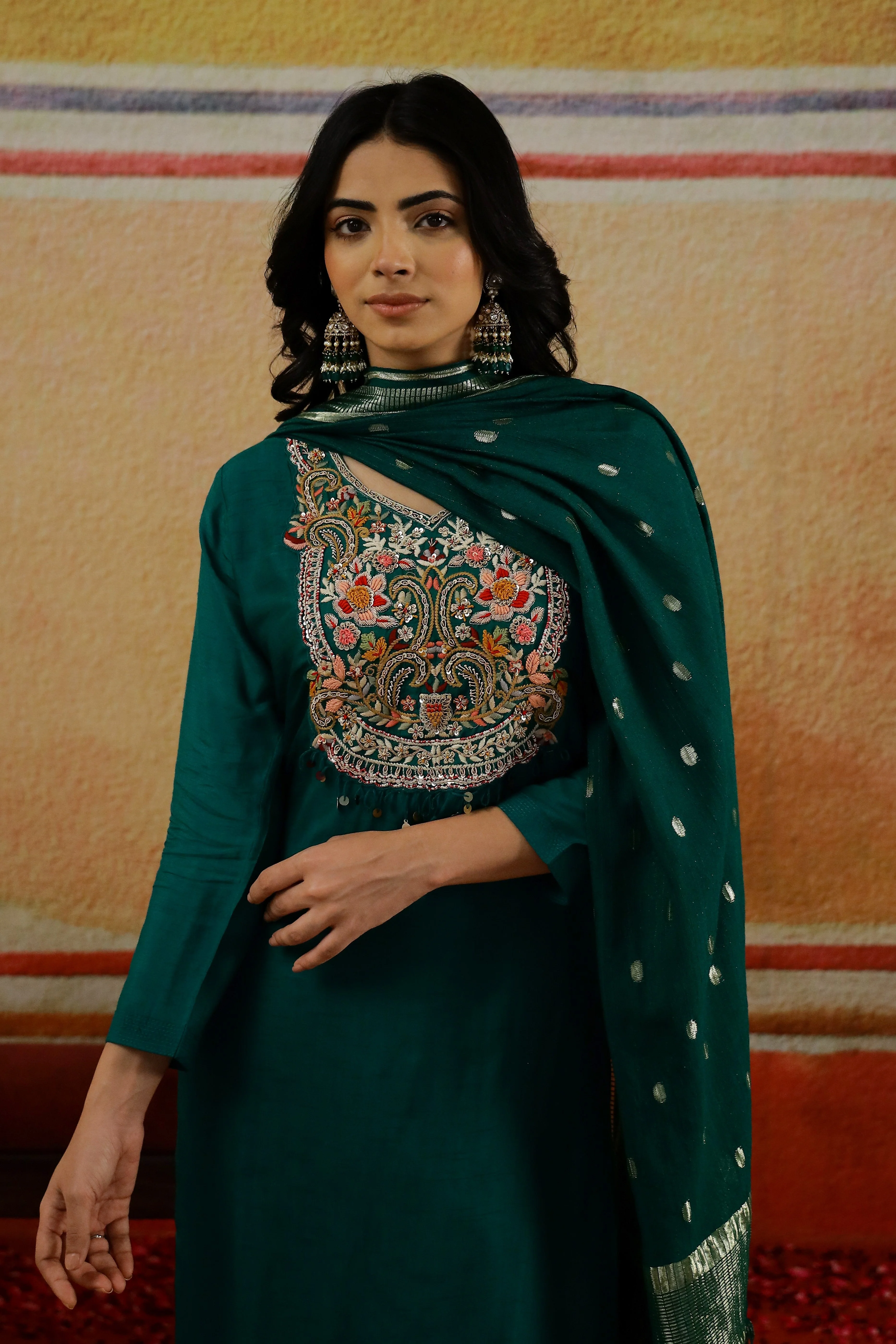 Teal Green Embroidered Raw Silk Pants Set - Image 2
