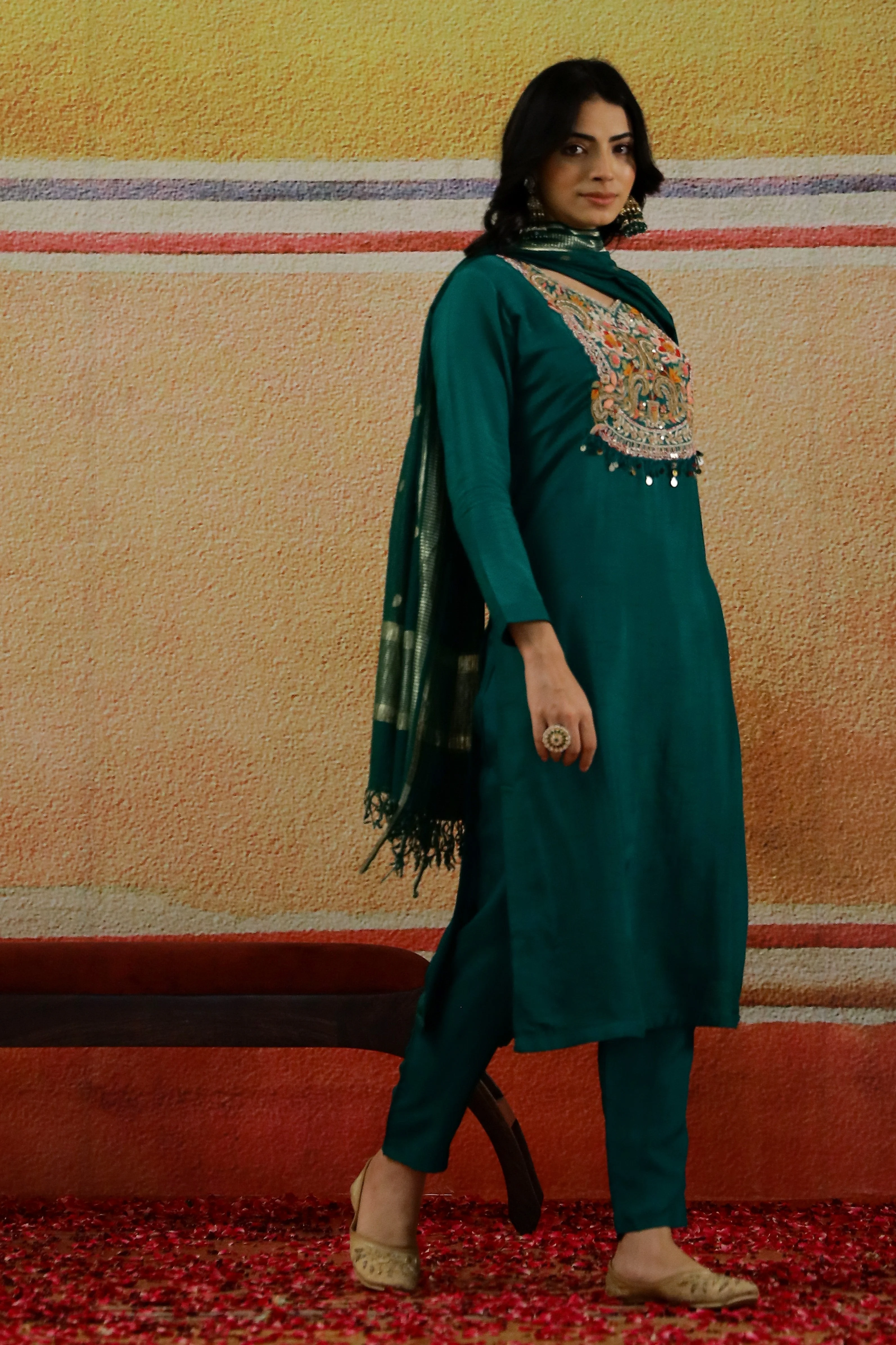 Teal Green Embroidered Raw Silk Pants Set - Image 3