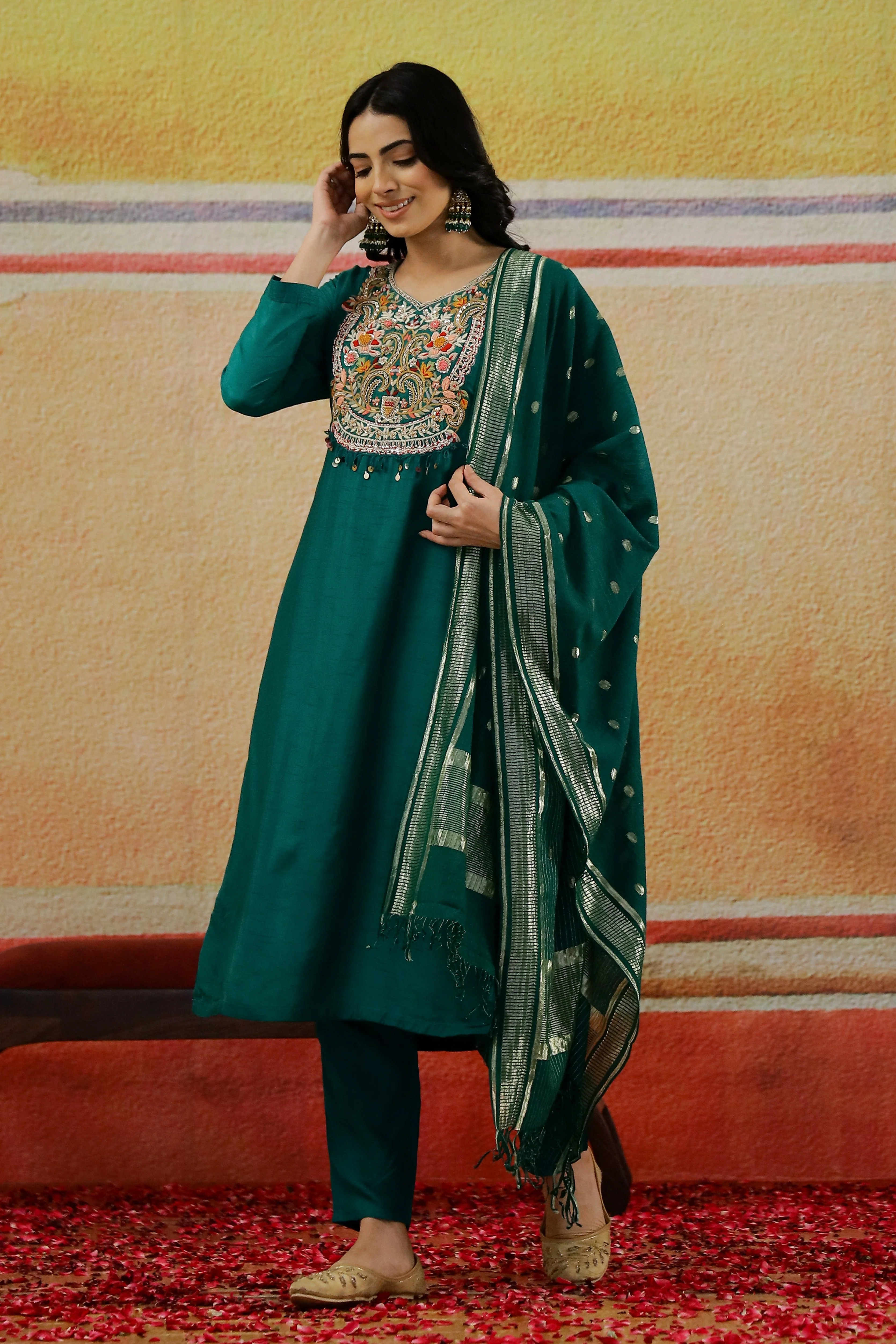 Teal Green Embroidered Raw Silk Pants Set - Image 4