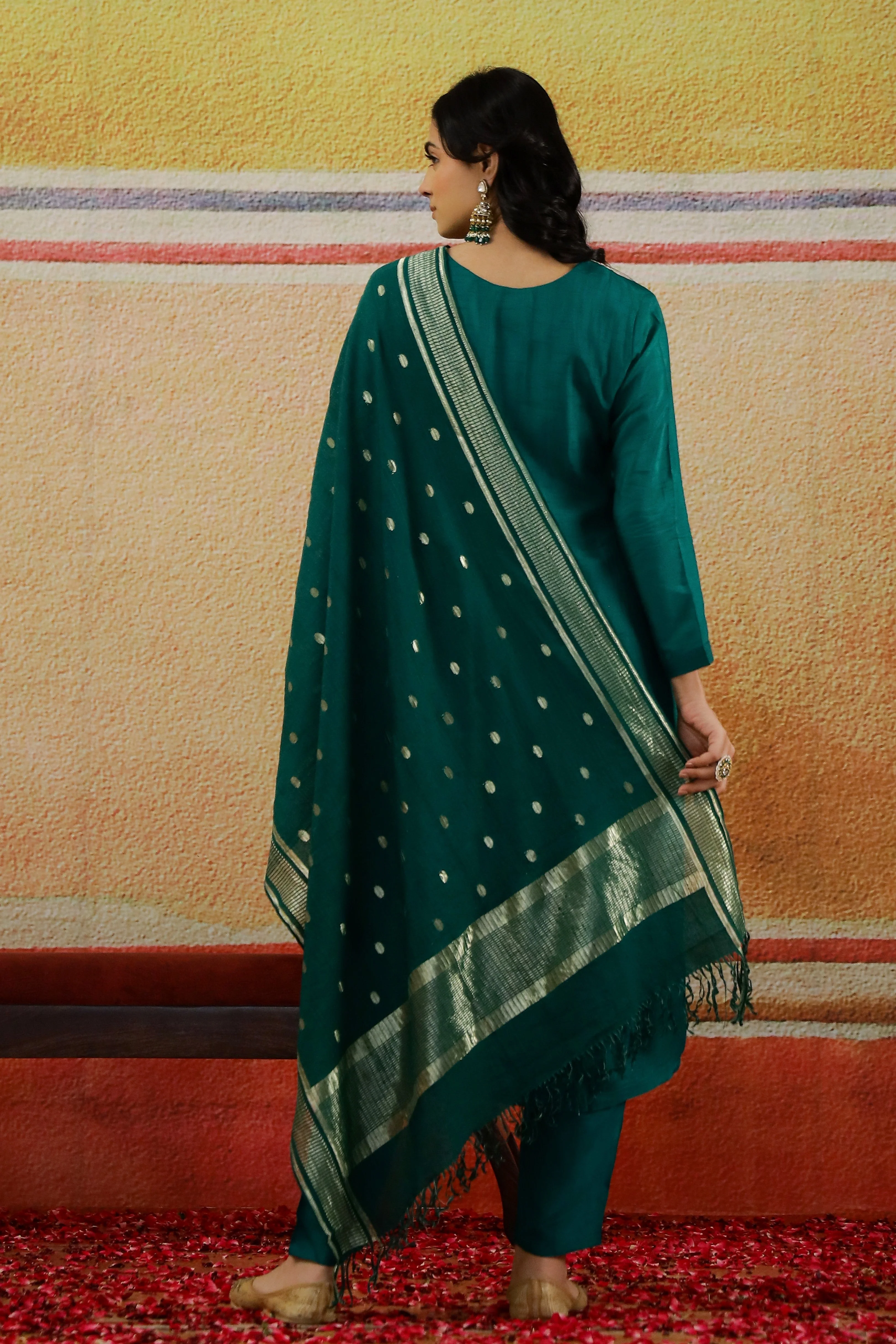 Teal Green Embroidered Raw Silk Pants Set - Image 5