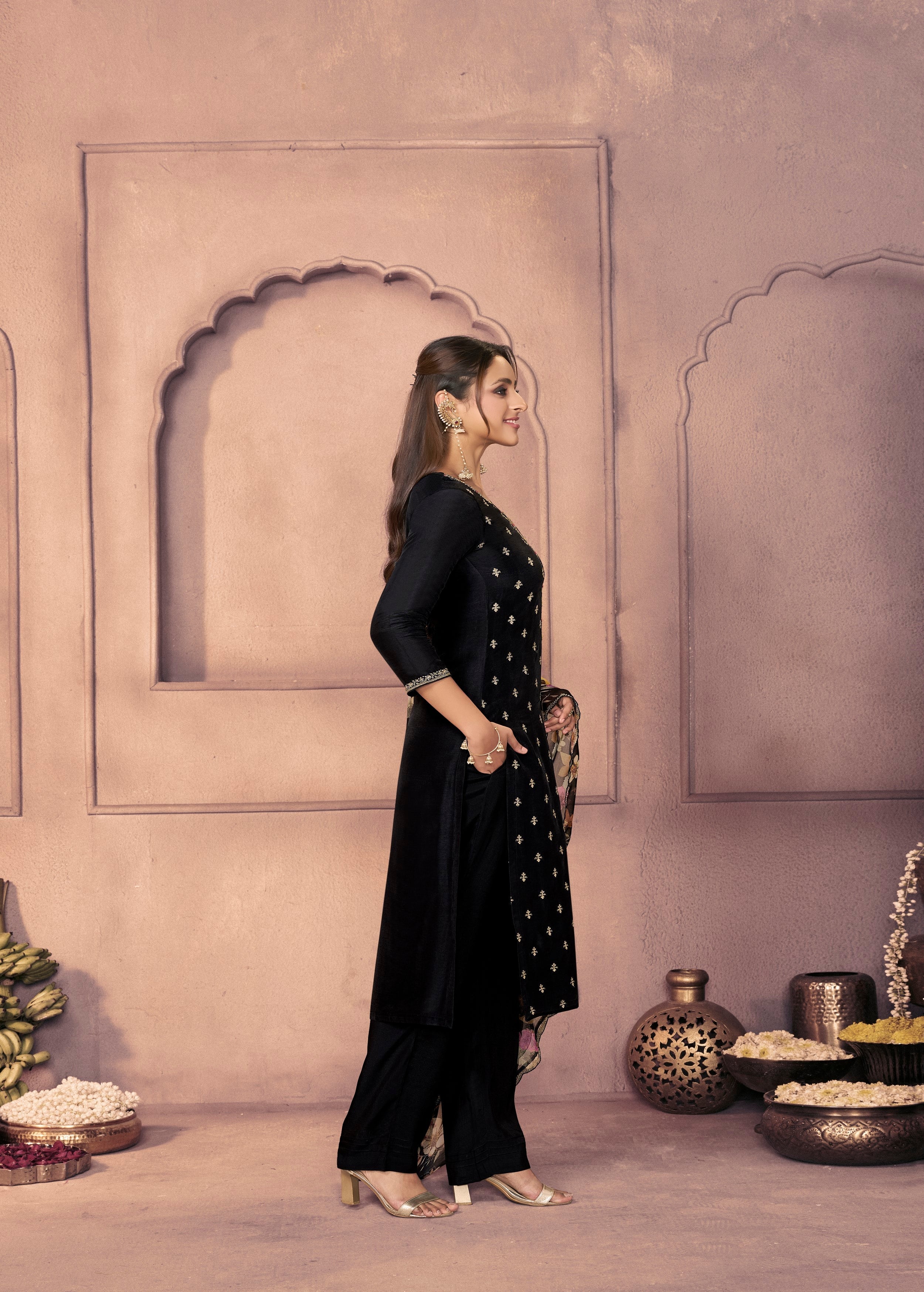 Classic Black Embellished Dola Silk Pant Set - Image 4