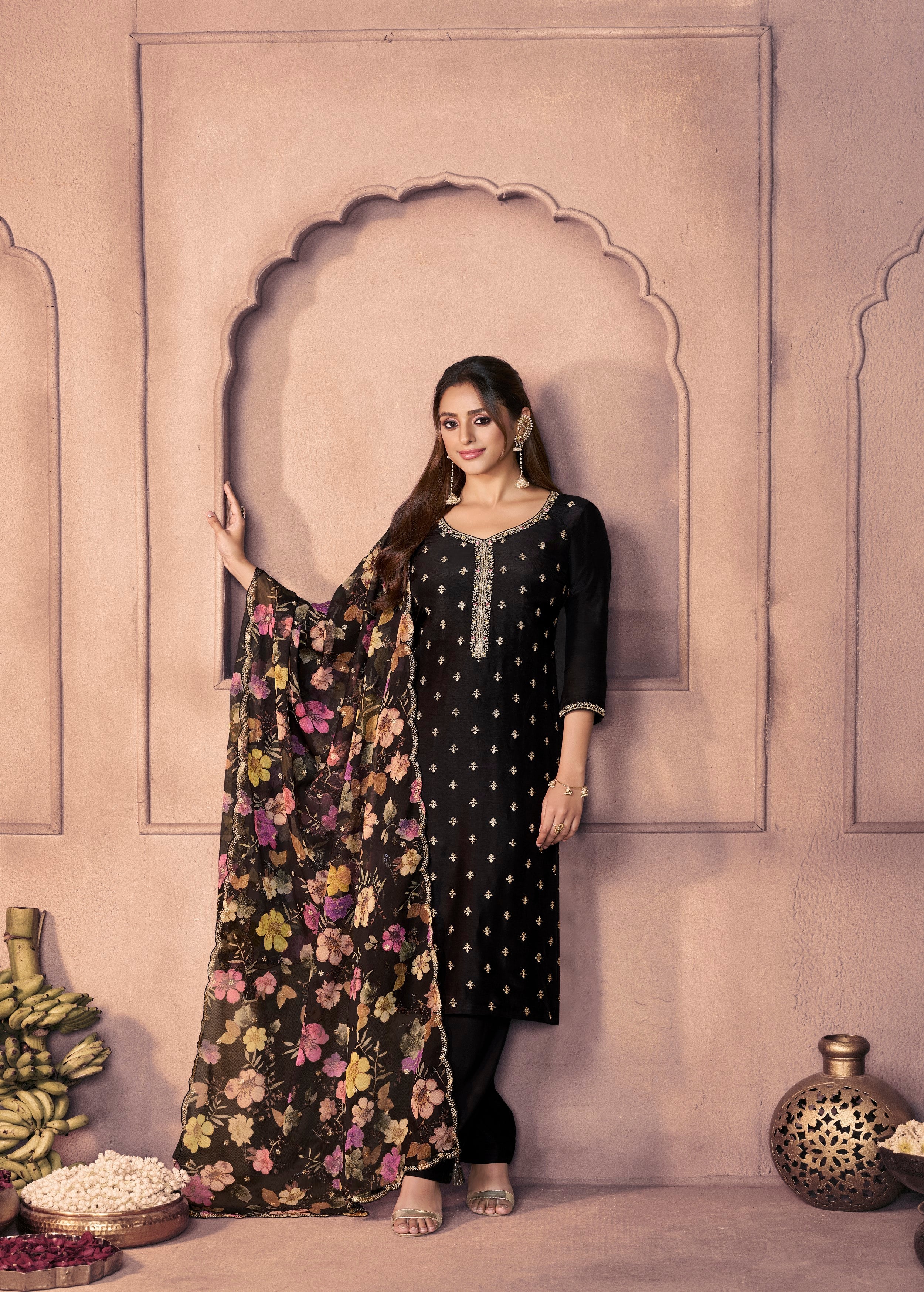 Classic Black Embellished Dola Silk Pant Set - Image 5