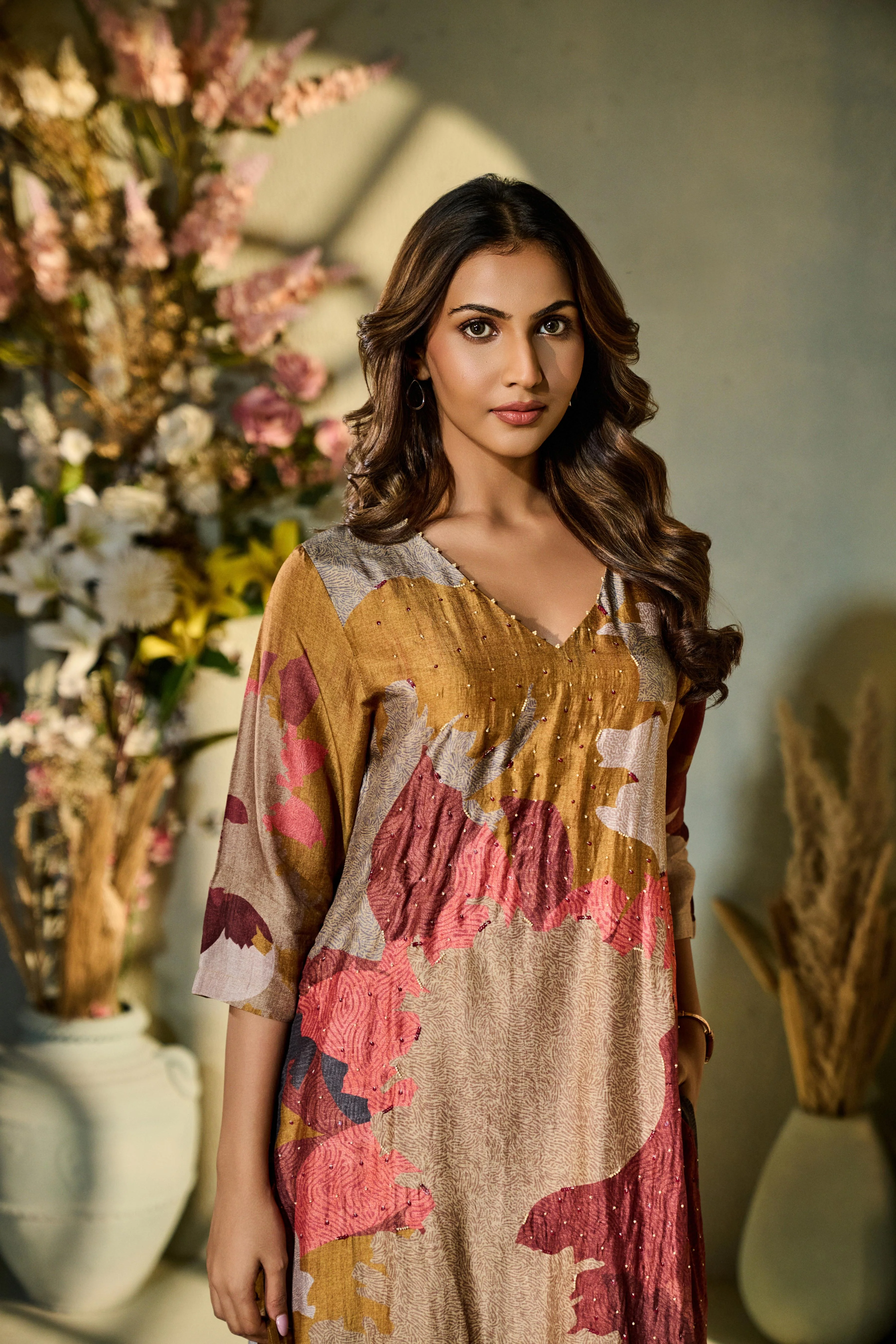 Gold Ochre Printed Muslin Silk Pant Set - Image 2