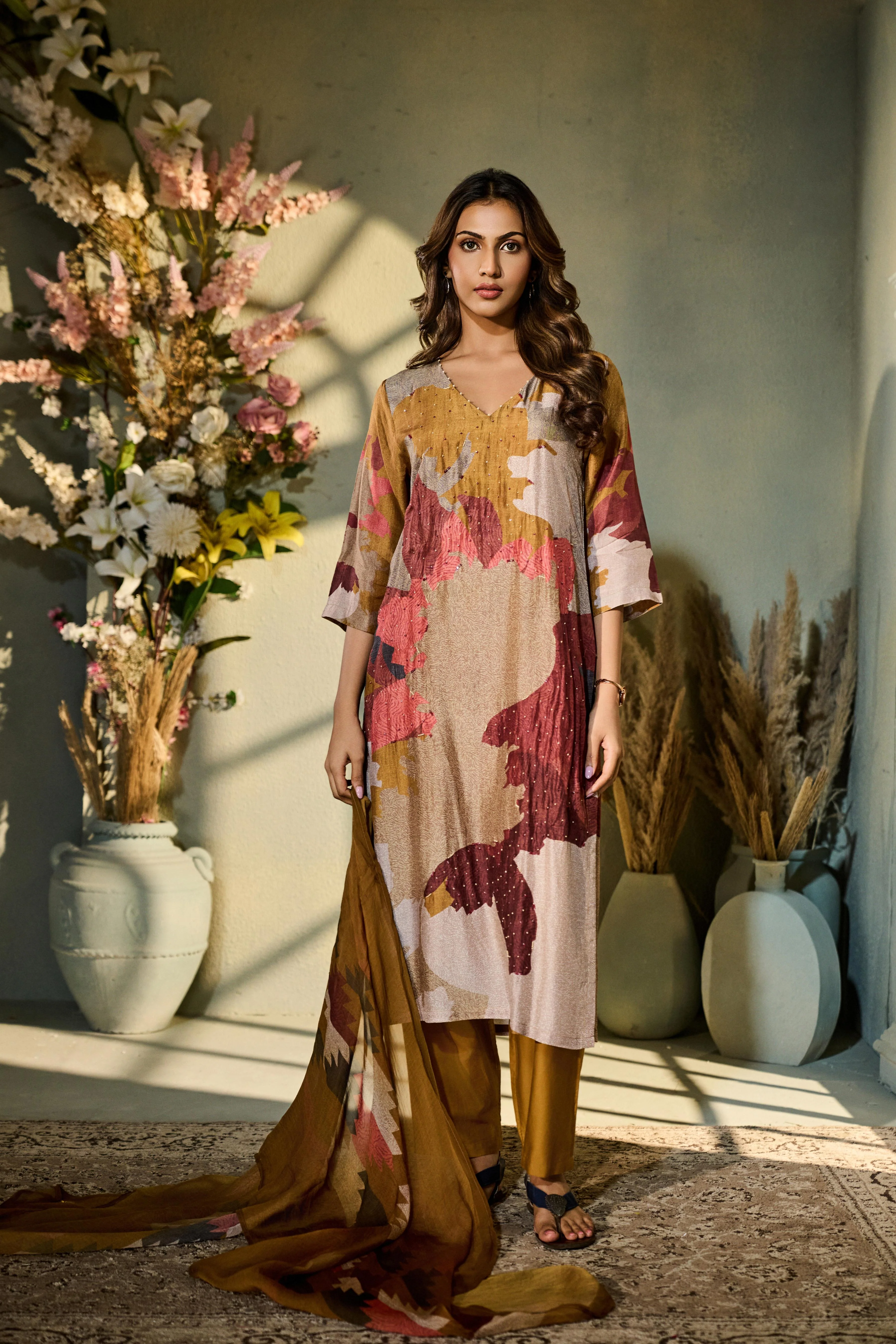 Gold Ochre Printed Muslin Silk Pant Set - Image 3