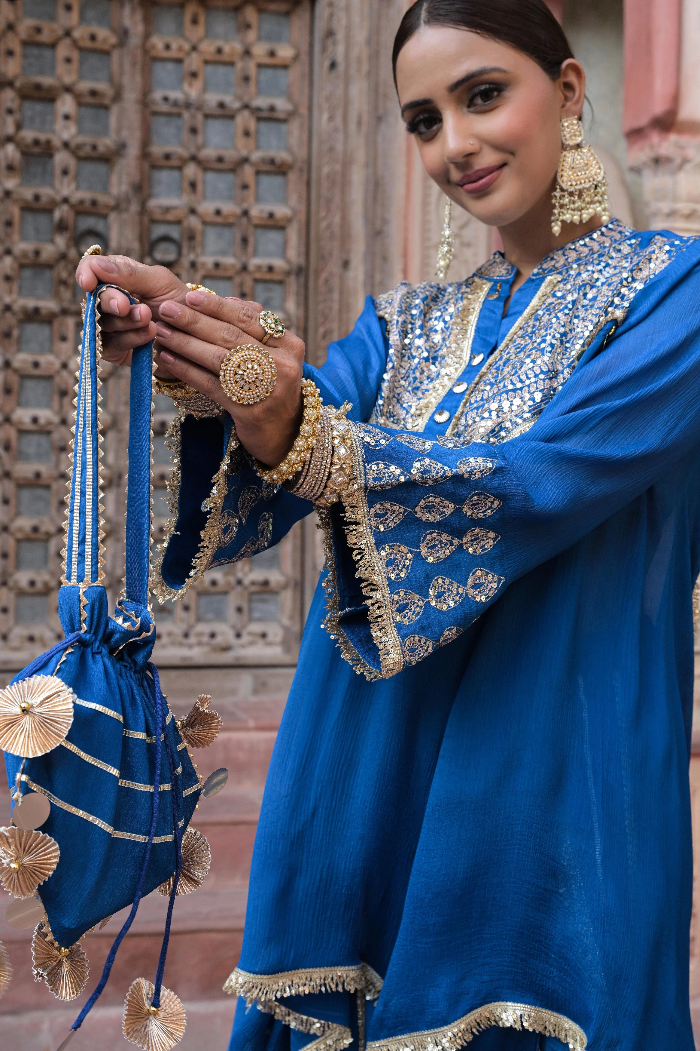 Royal Blue Embellished Chinon Silk Dhoti Set - Image 2