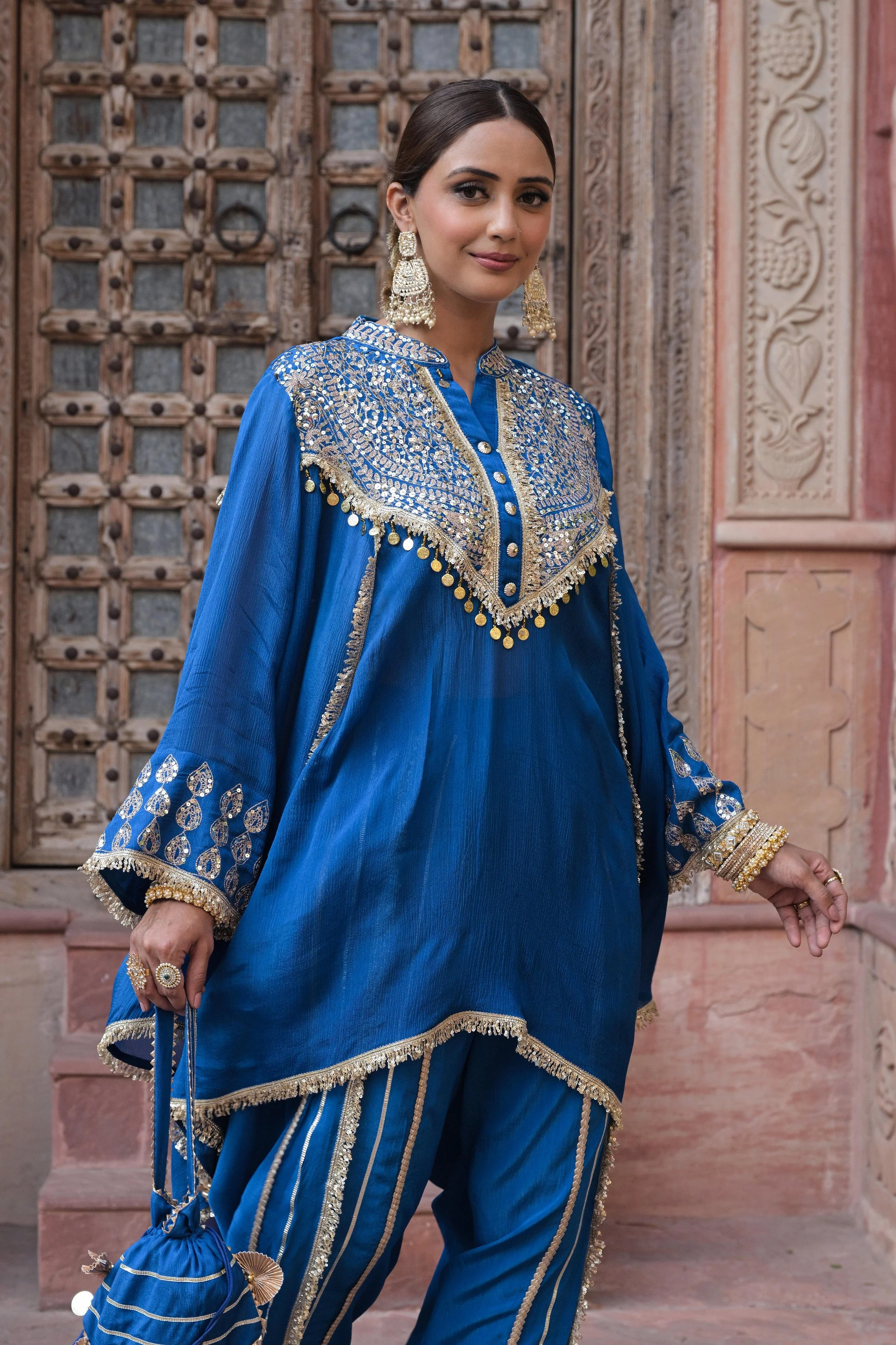 Royal Blue Embellished Chinon Silk Dhoti Set - Image 3
