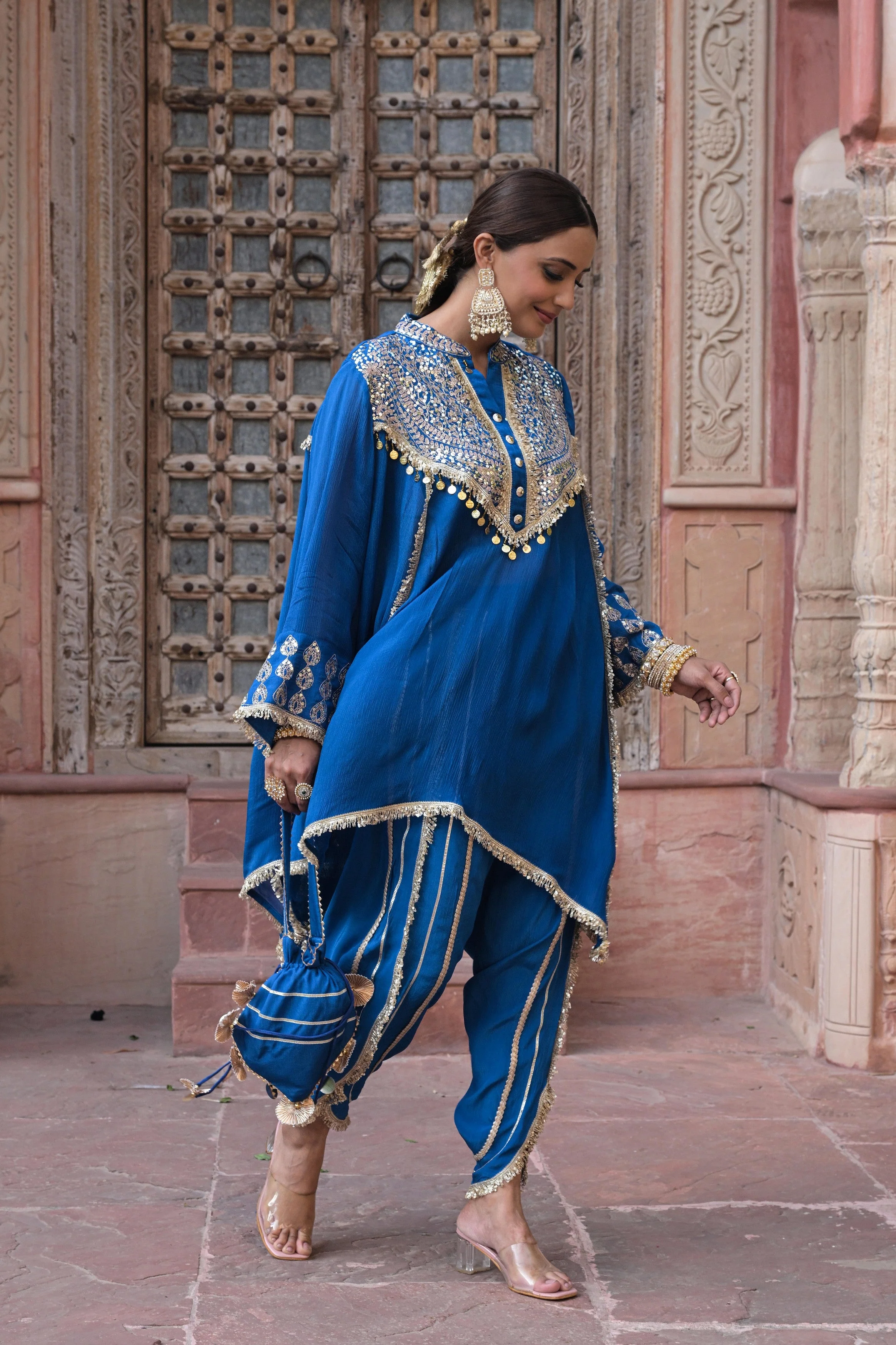 Royal Blue Embellished Chinon Silk Dhoti Set - Image 4