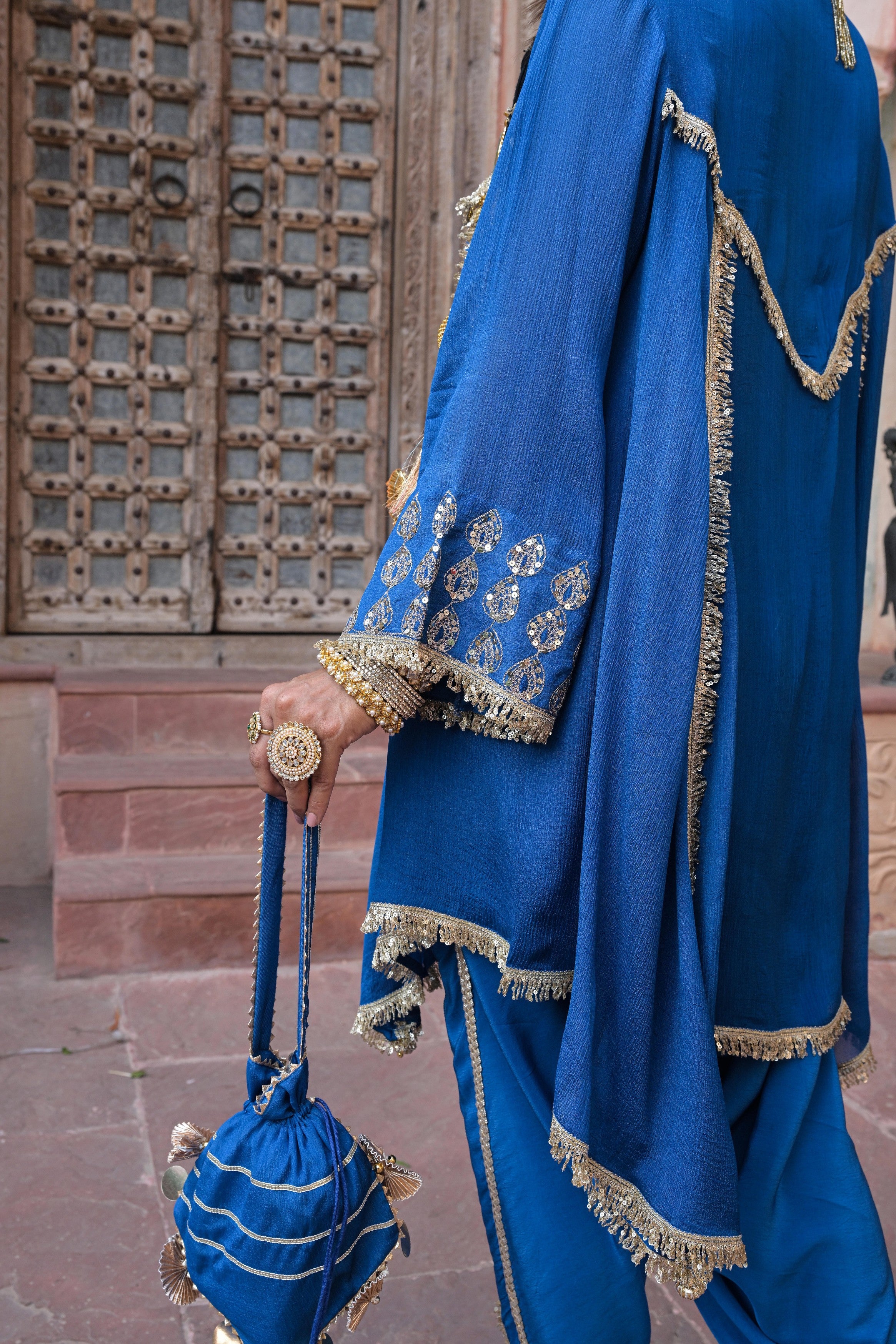 Royal Blue Embellished Chinon Silk Dhoti Set - Image 5