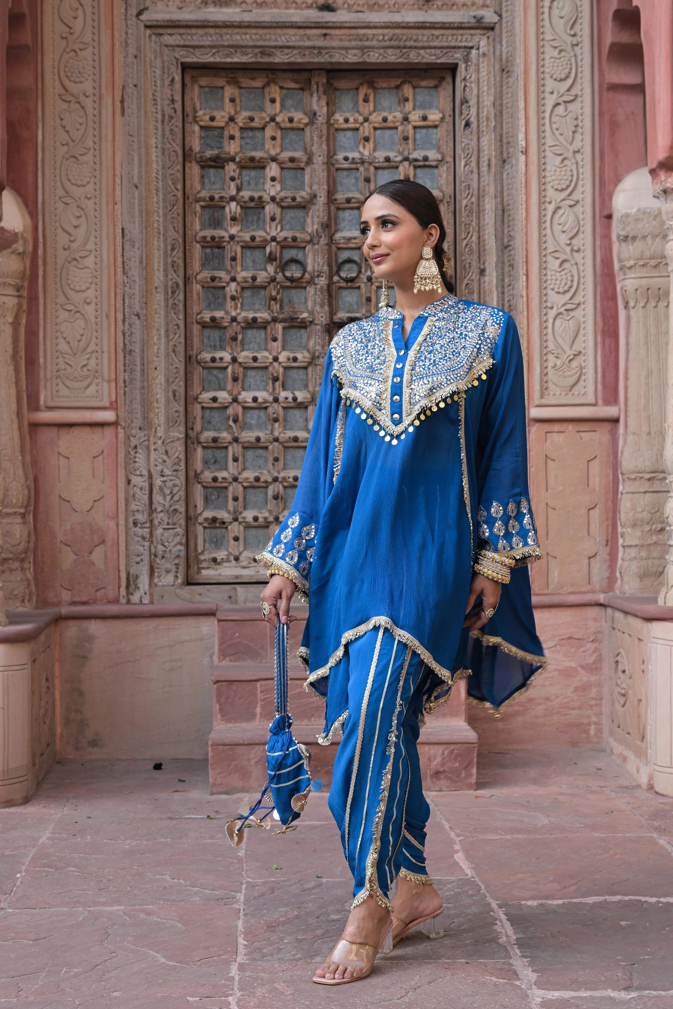 Royal Blue Embellished Chinon Silk Dhoti Set - Image 6
