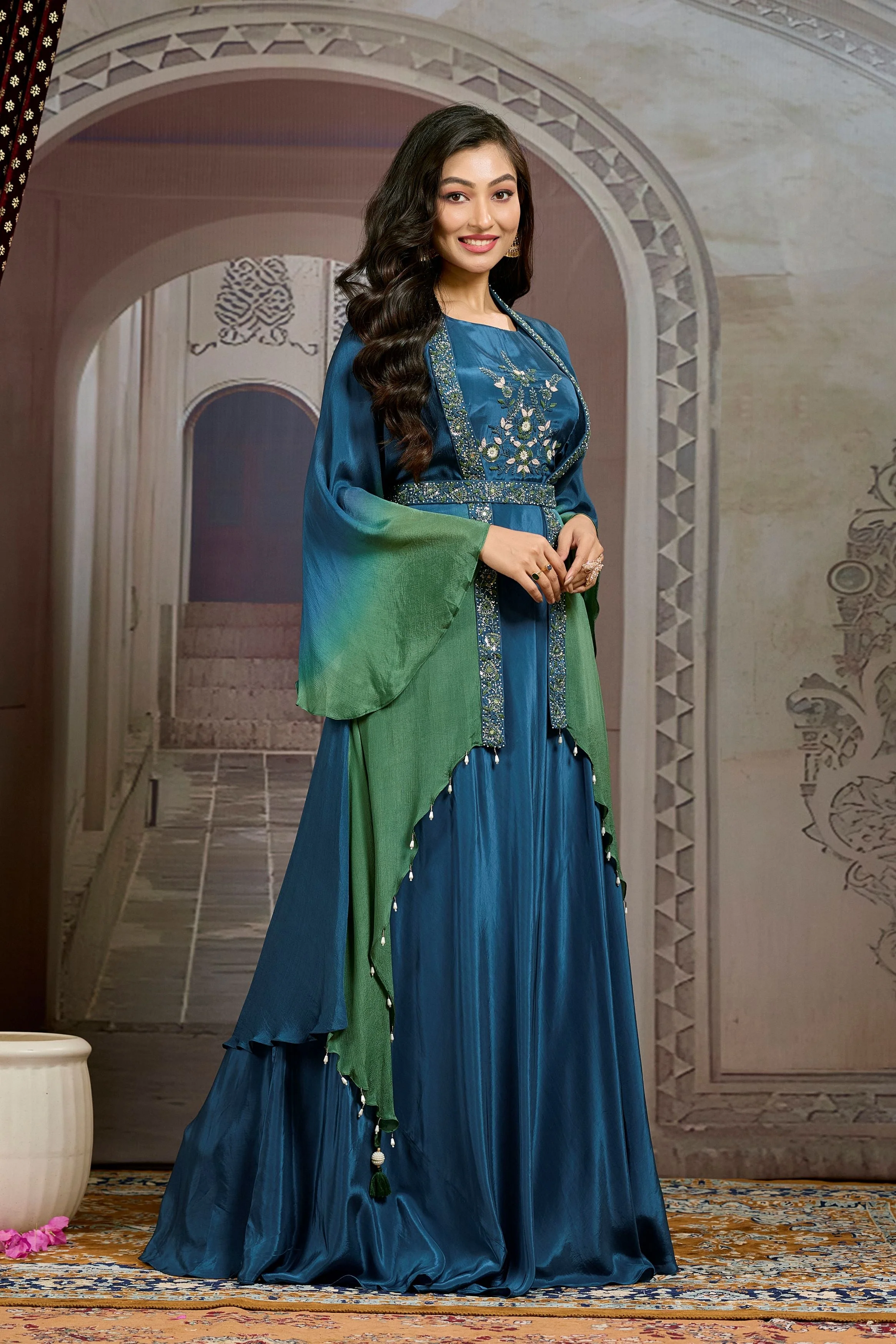 Teal Ombre-Dyed Chinon Silk Cape Gown - Image 3