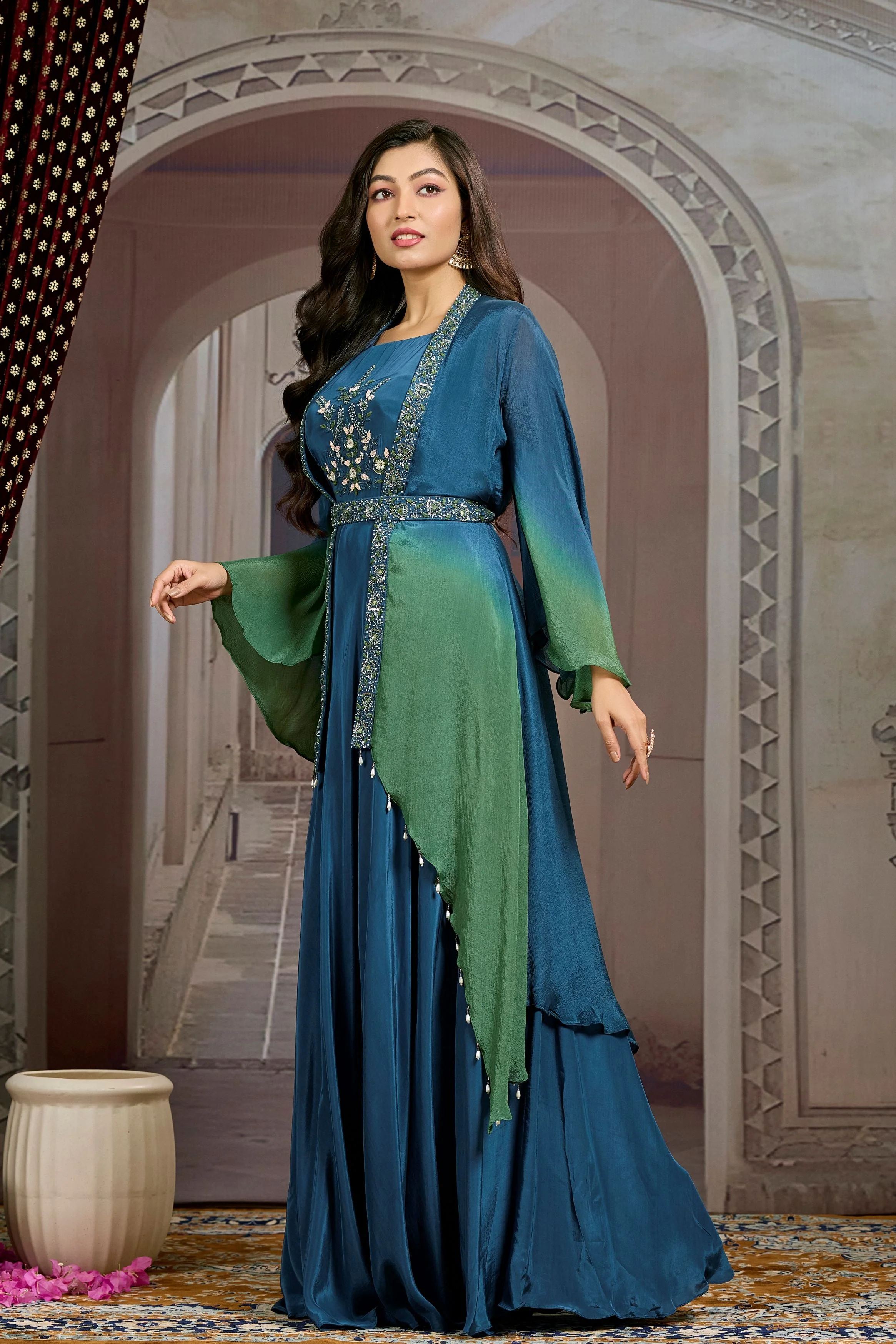 Teal Ombre-Dyed Chinon Silk Cape Gown - Image 4