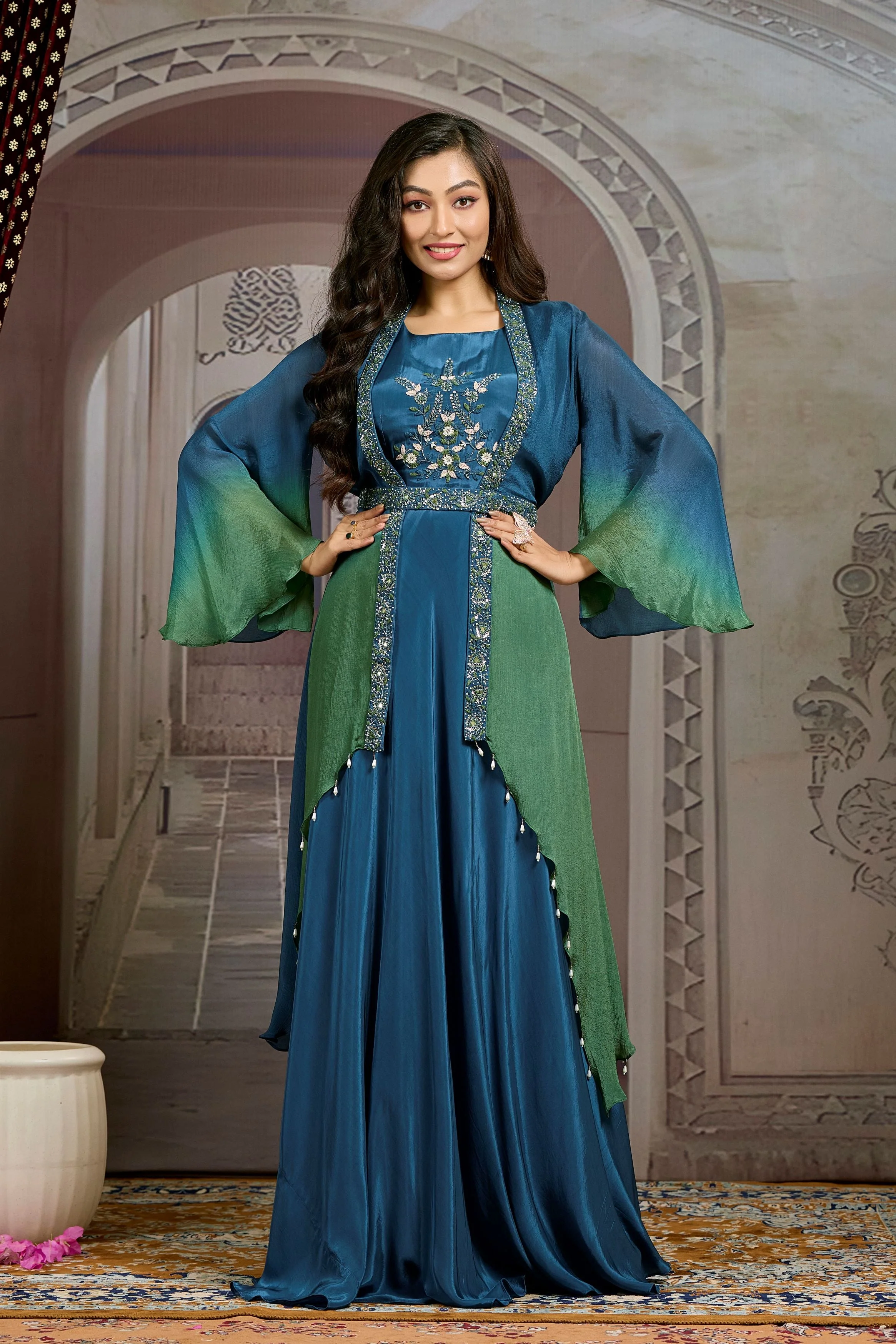 Teal Ombre-Dyed Chinon Silk Cape Gown - Image 5