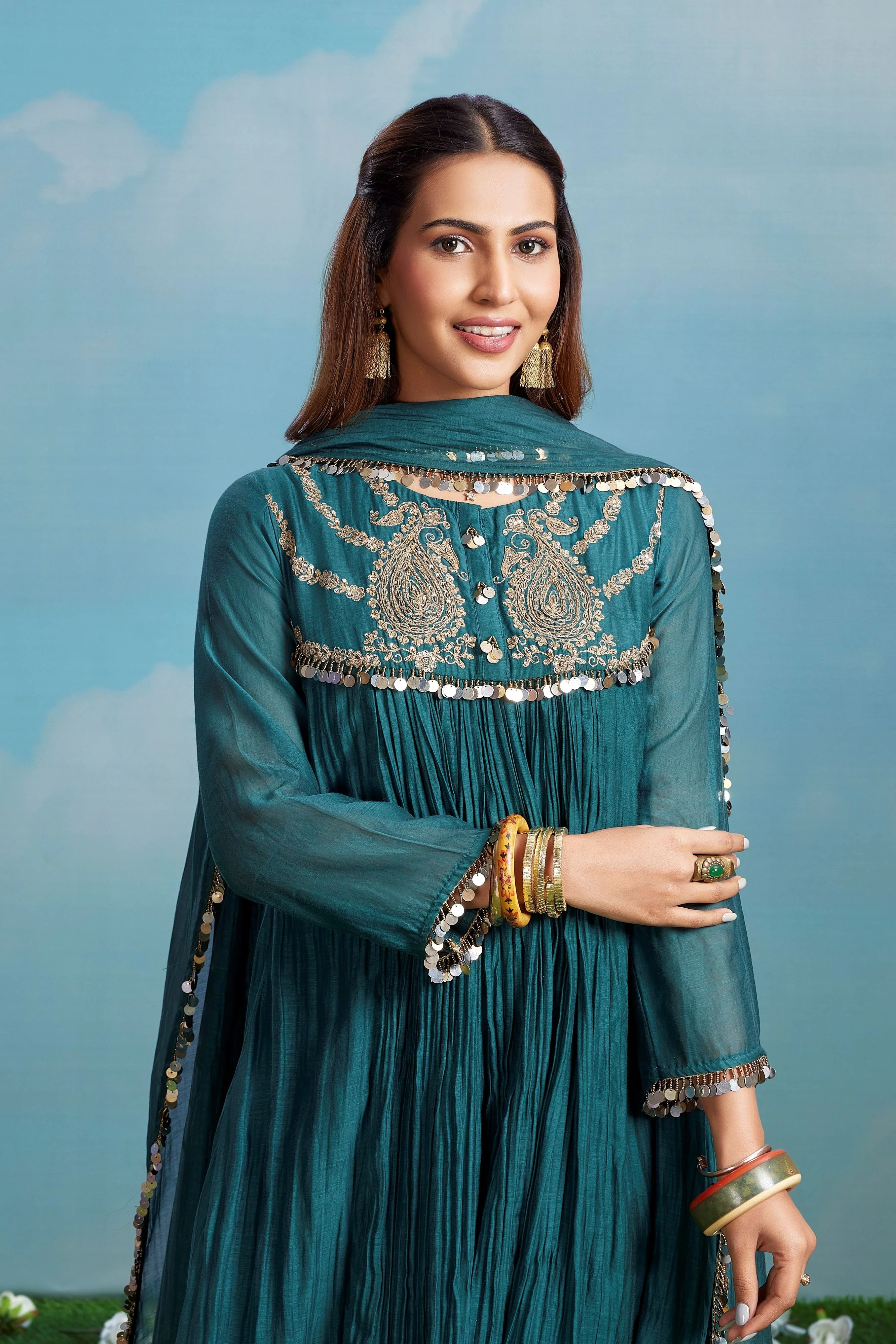 Teal Tensil Embellished Chanderi Silk Anarkali Set - Image 2