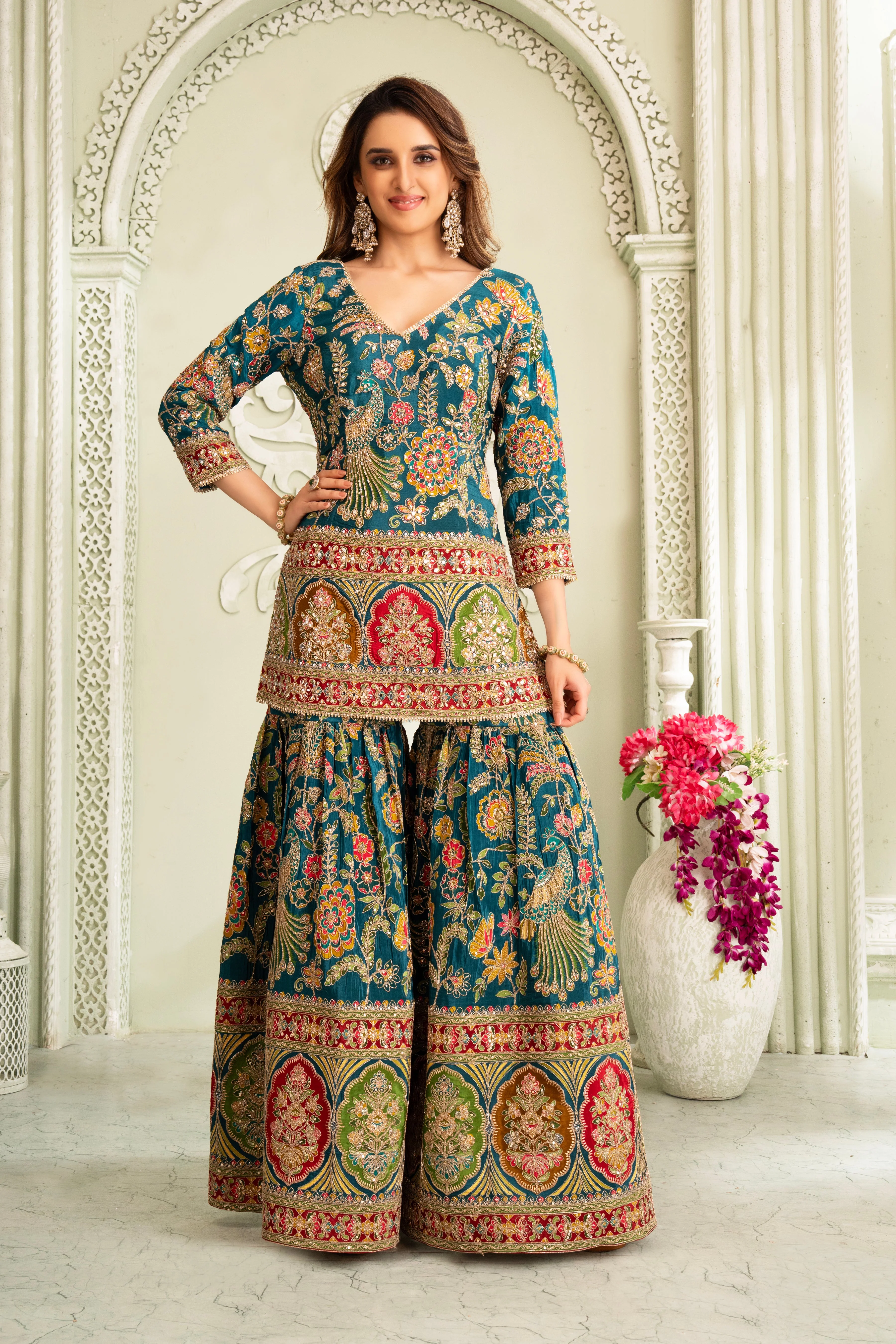Teal Traditional Handwork Sharara Set