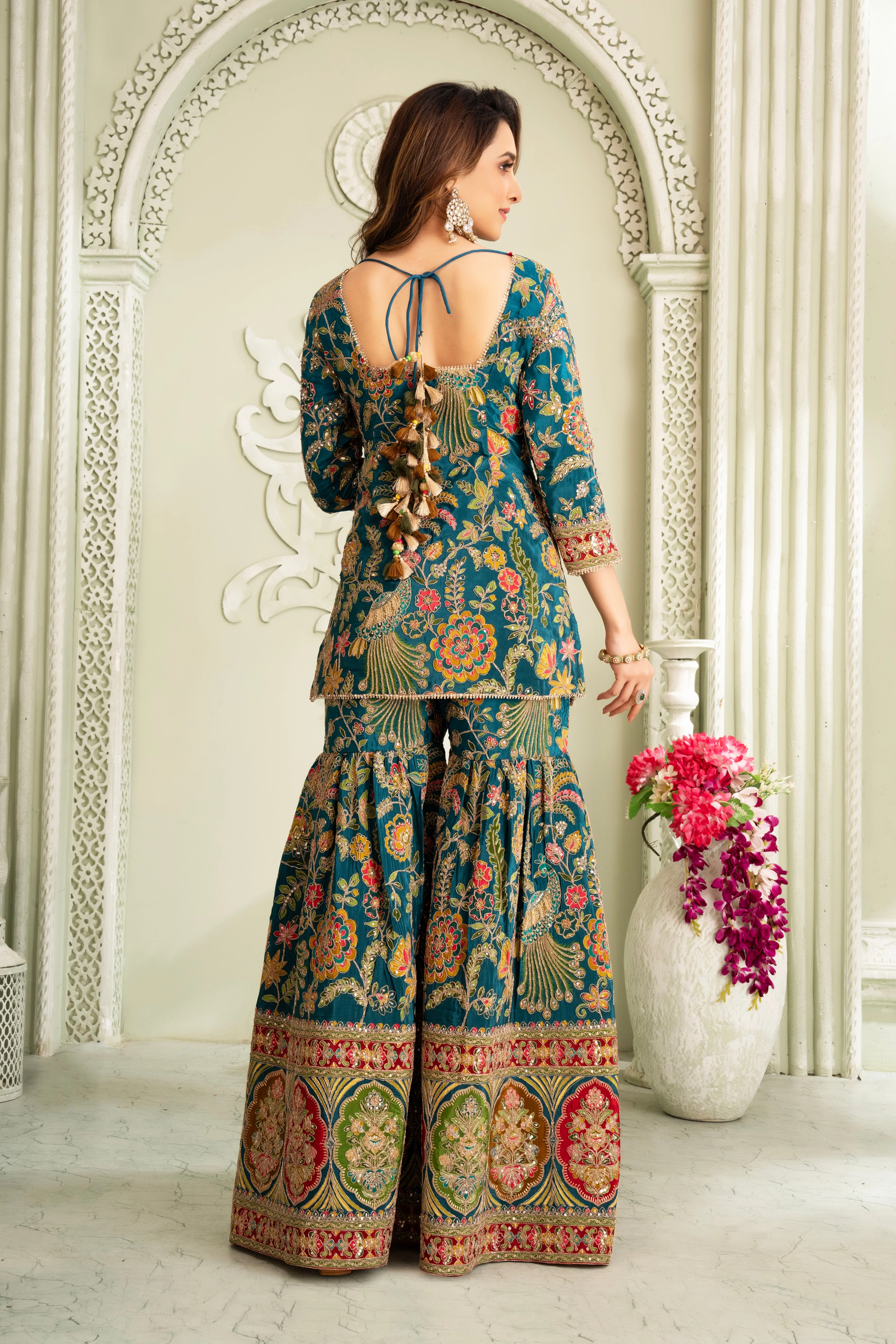 Teal Traditional Handwork Sharara Set - Image 2