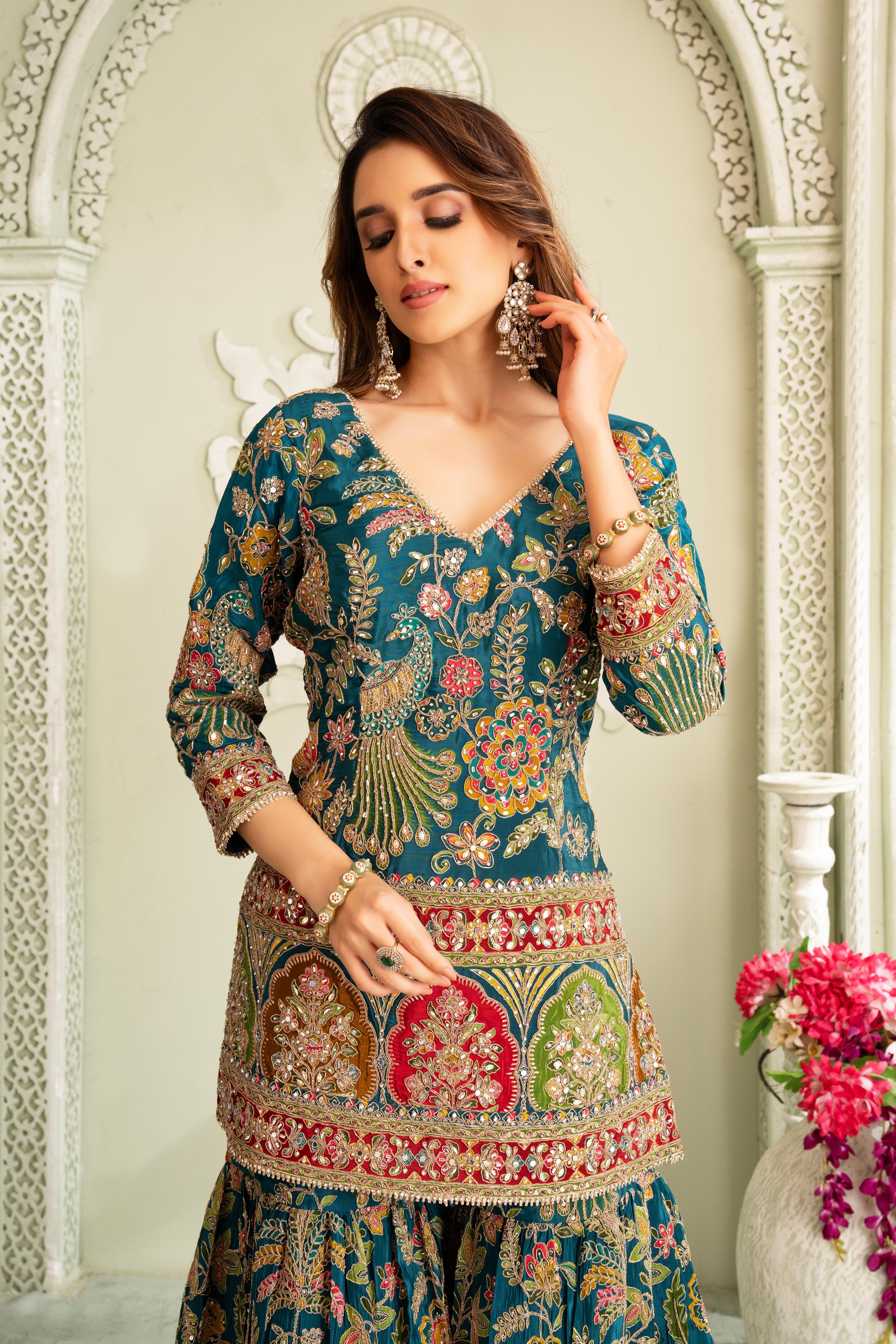 Teal Traditional Handwork Sharara Set - Image 3