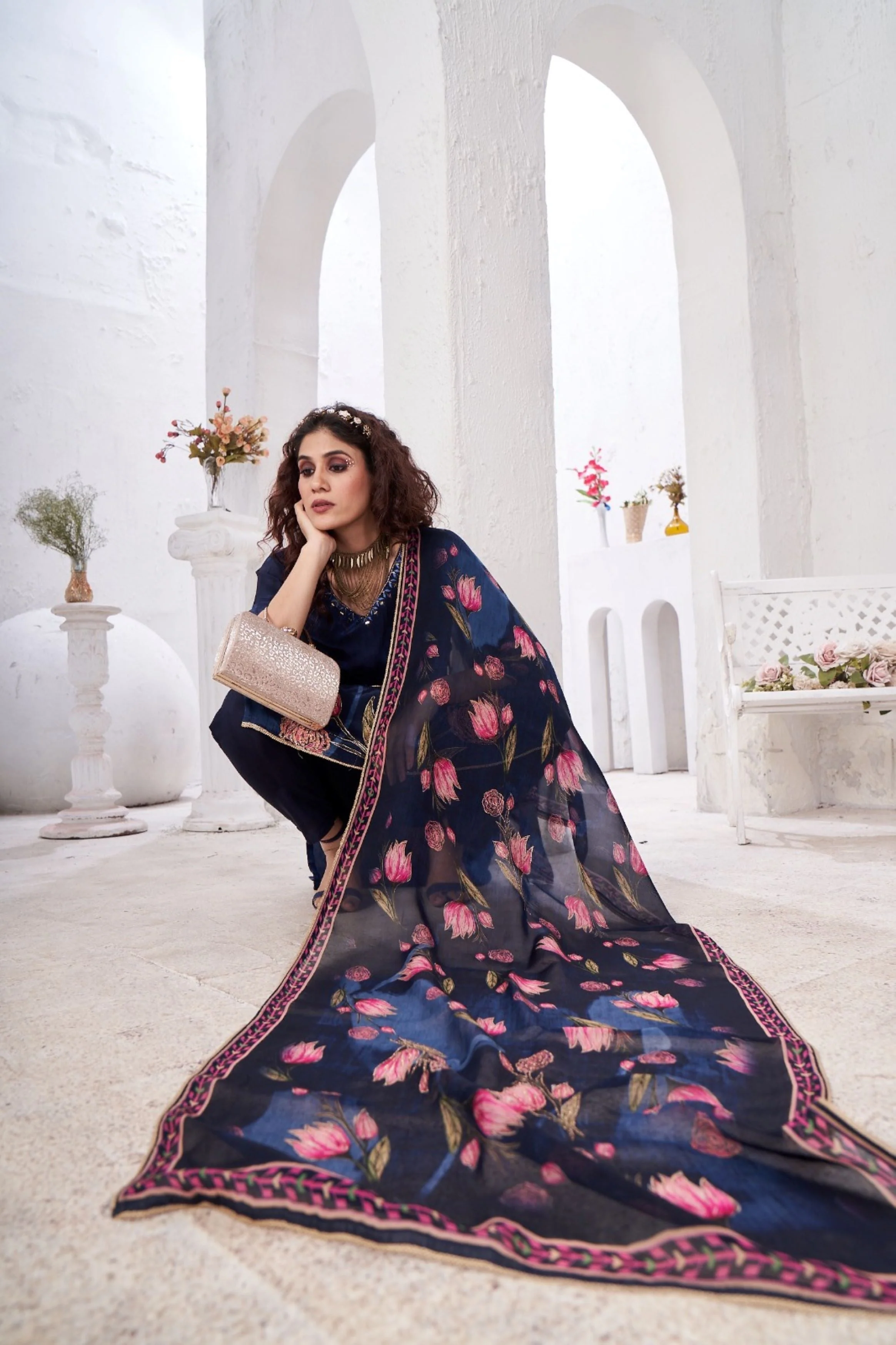 Blue Floral Printed Muslin Silk Kurta Pant Set - Image 3