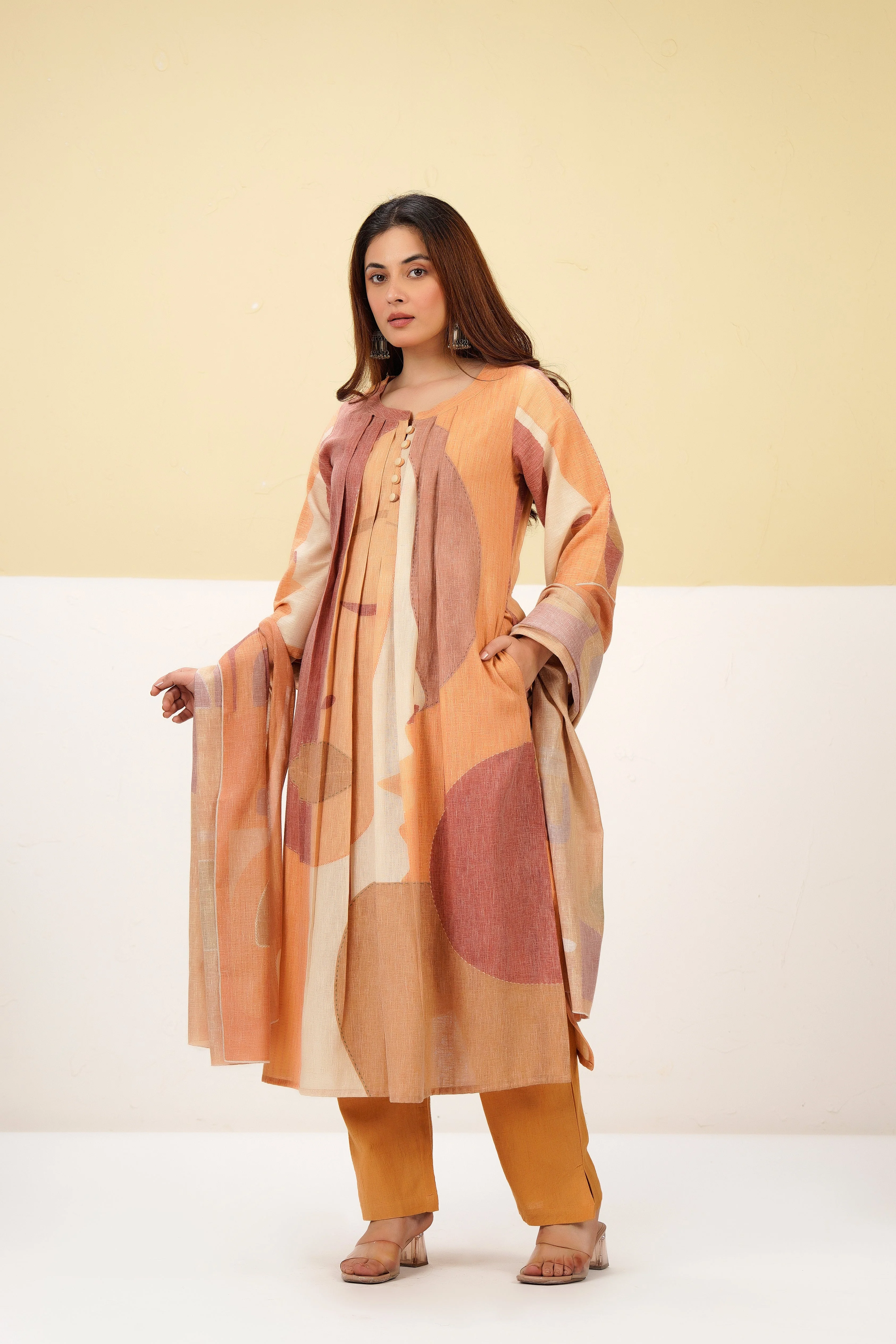 Terracota Abstract Printed Linen Pant Set - Image 3