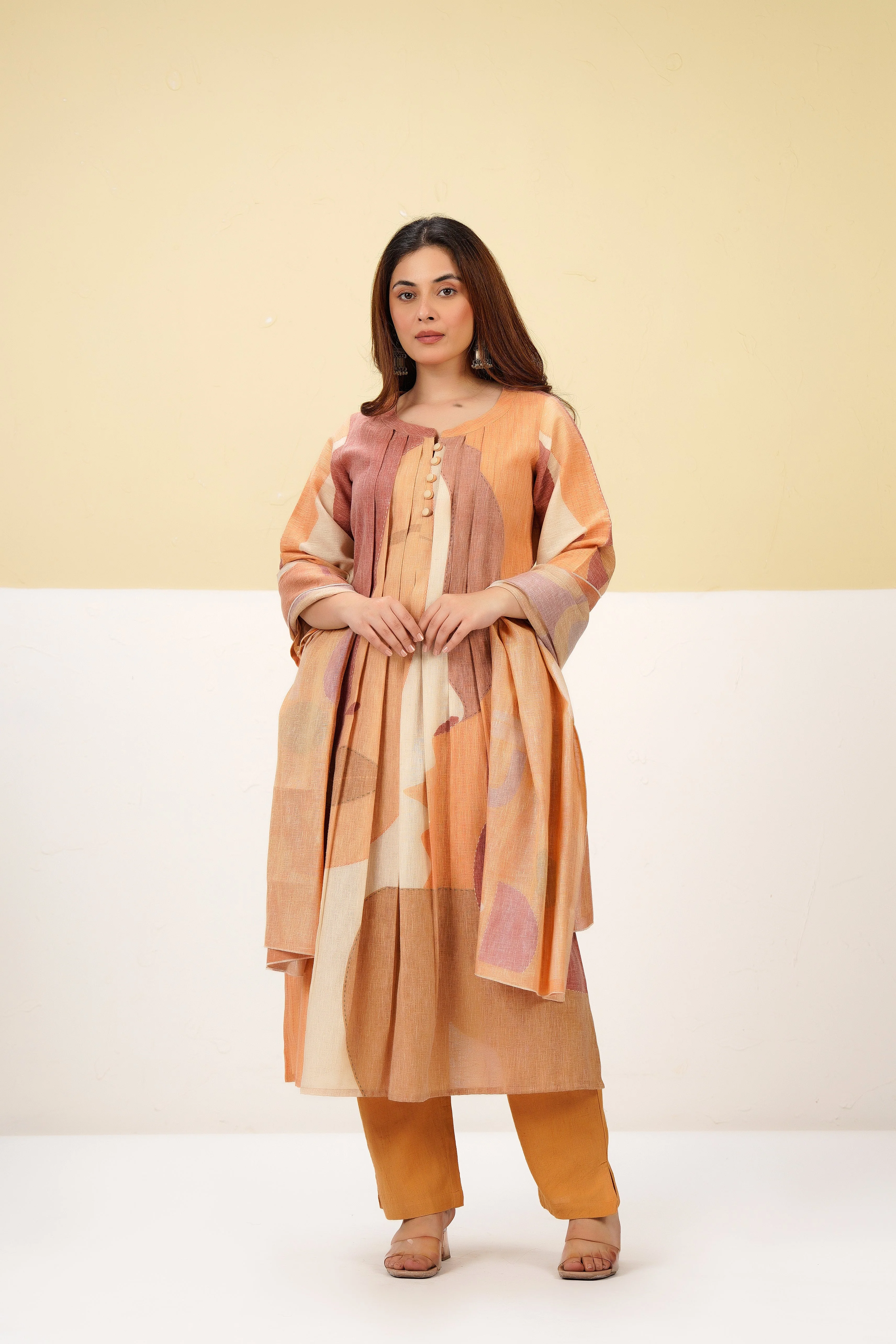 Terracota Abstract Printed Linen Pant Set - Image 4