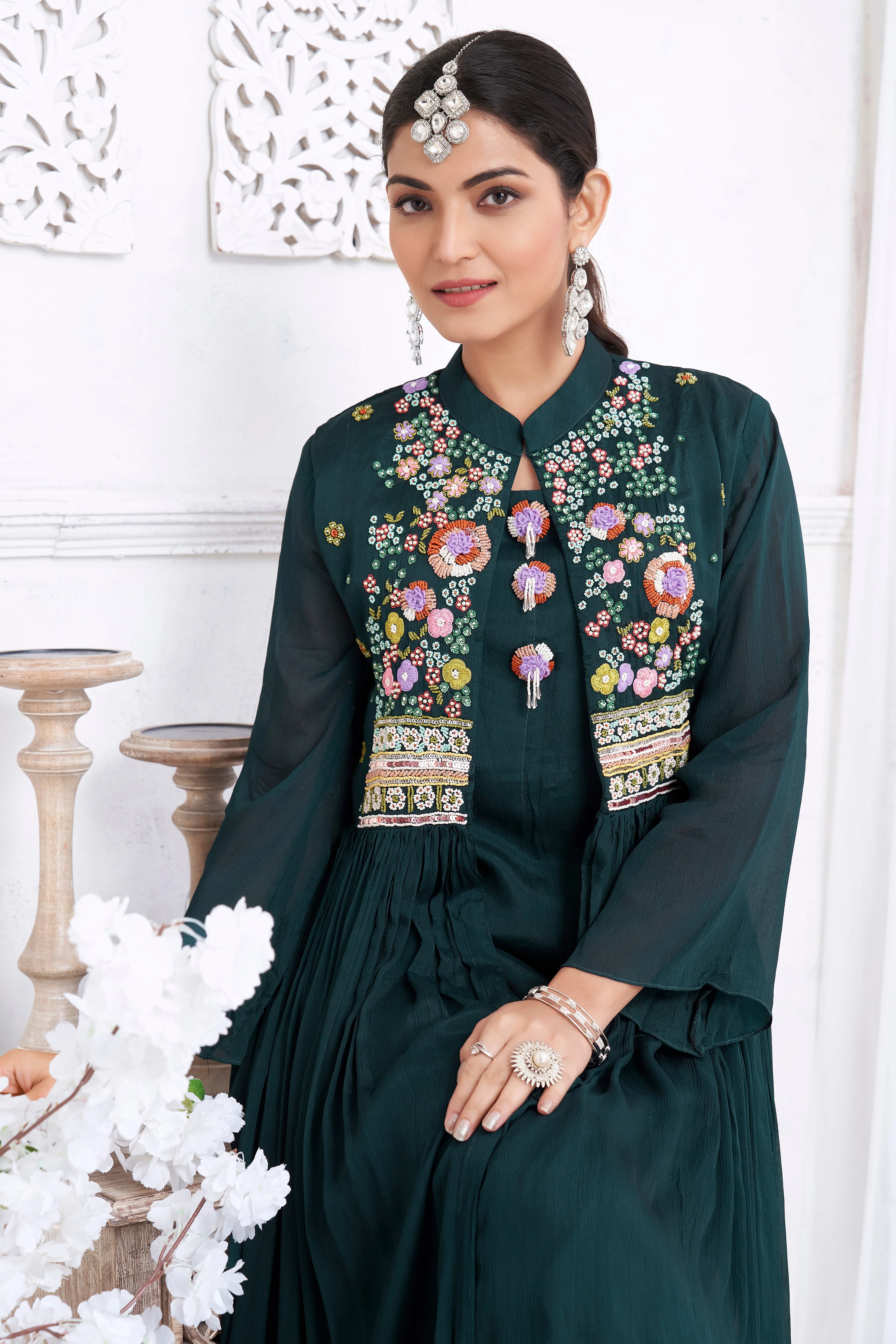 Forest Green Embellished Chinon Silk Kurta Set - Image 2