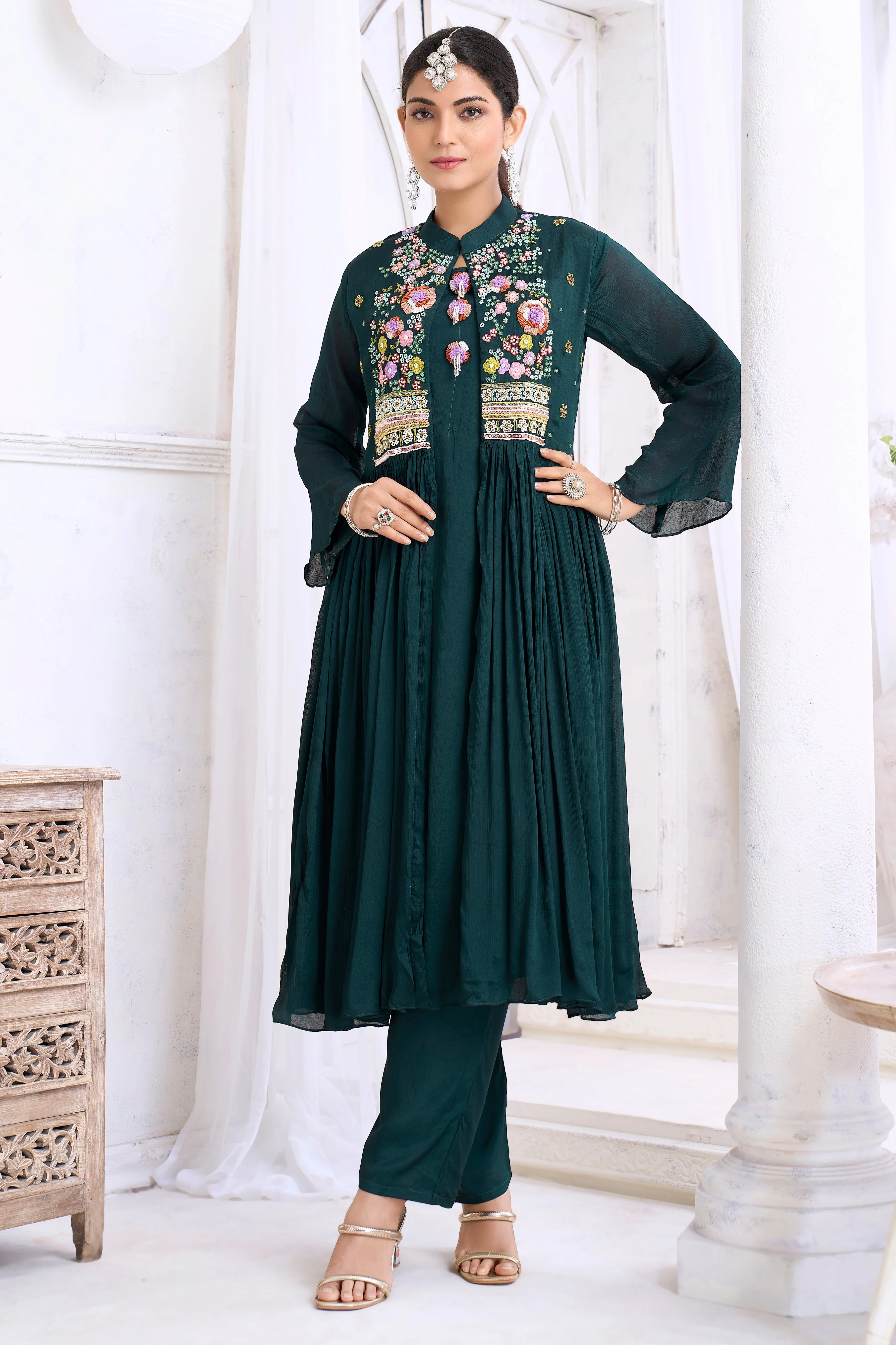Forest Green Embellished Chinon Silk Kurta Set - Image 3