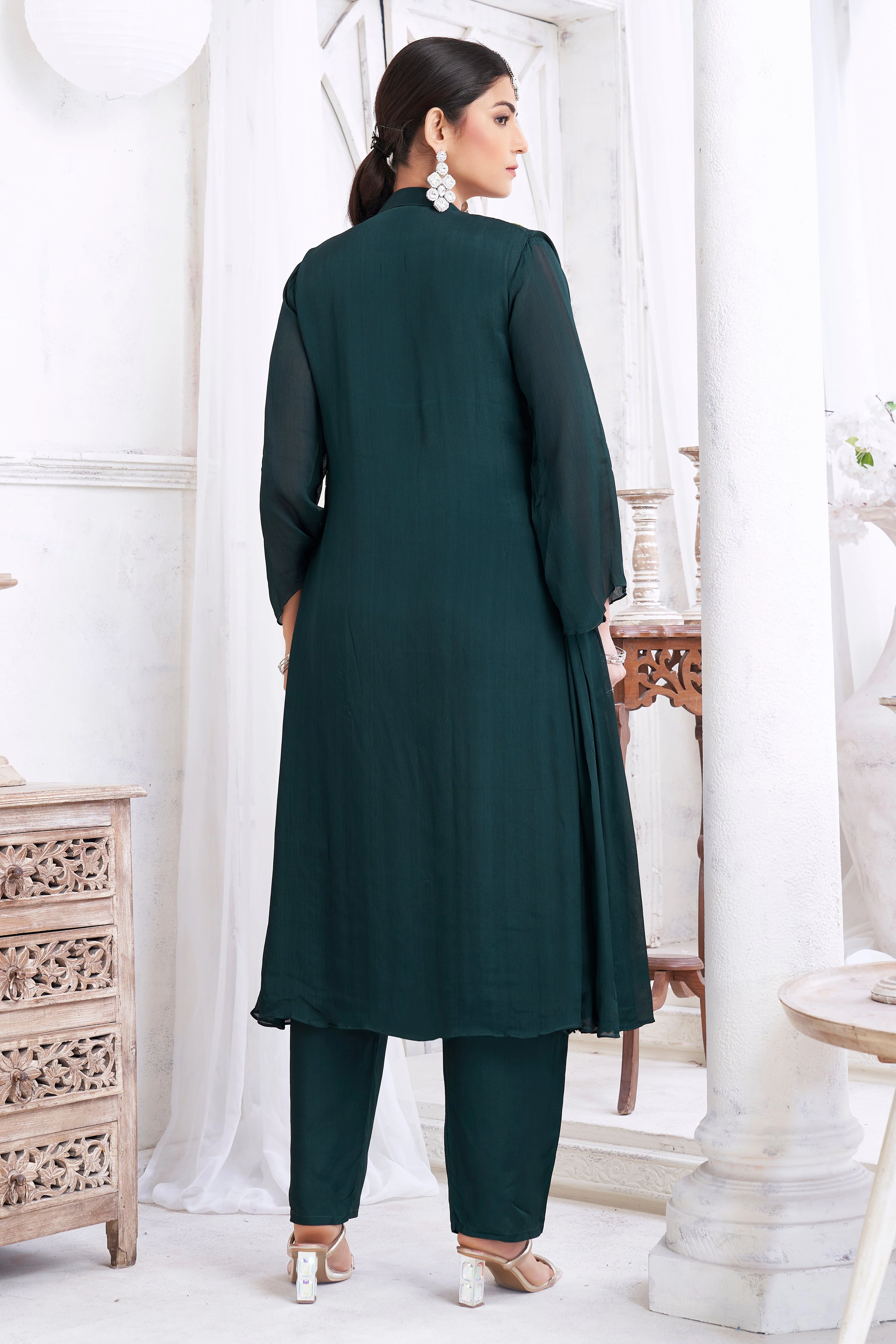 Forest Green Embellished Chinon Silk Kurta Set - Image 4