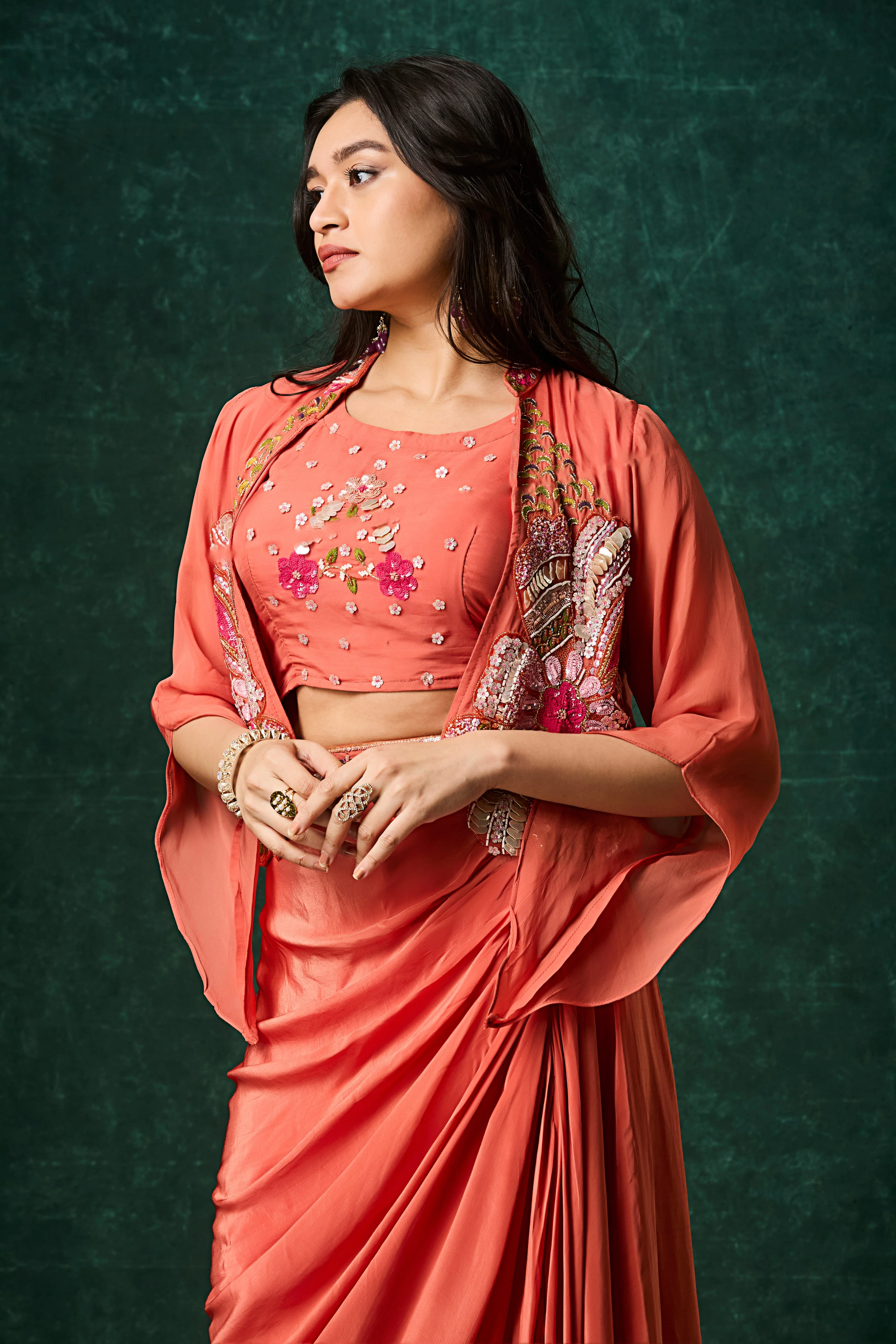 Terracotta Orange Embellished Crepe Silk Skirt Set - Image 2
