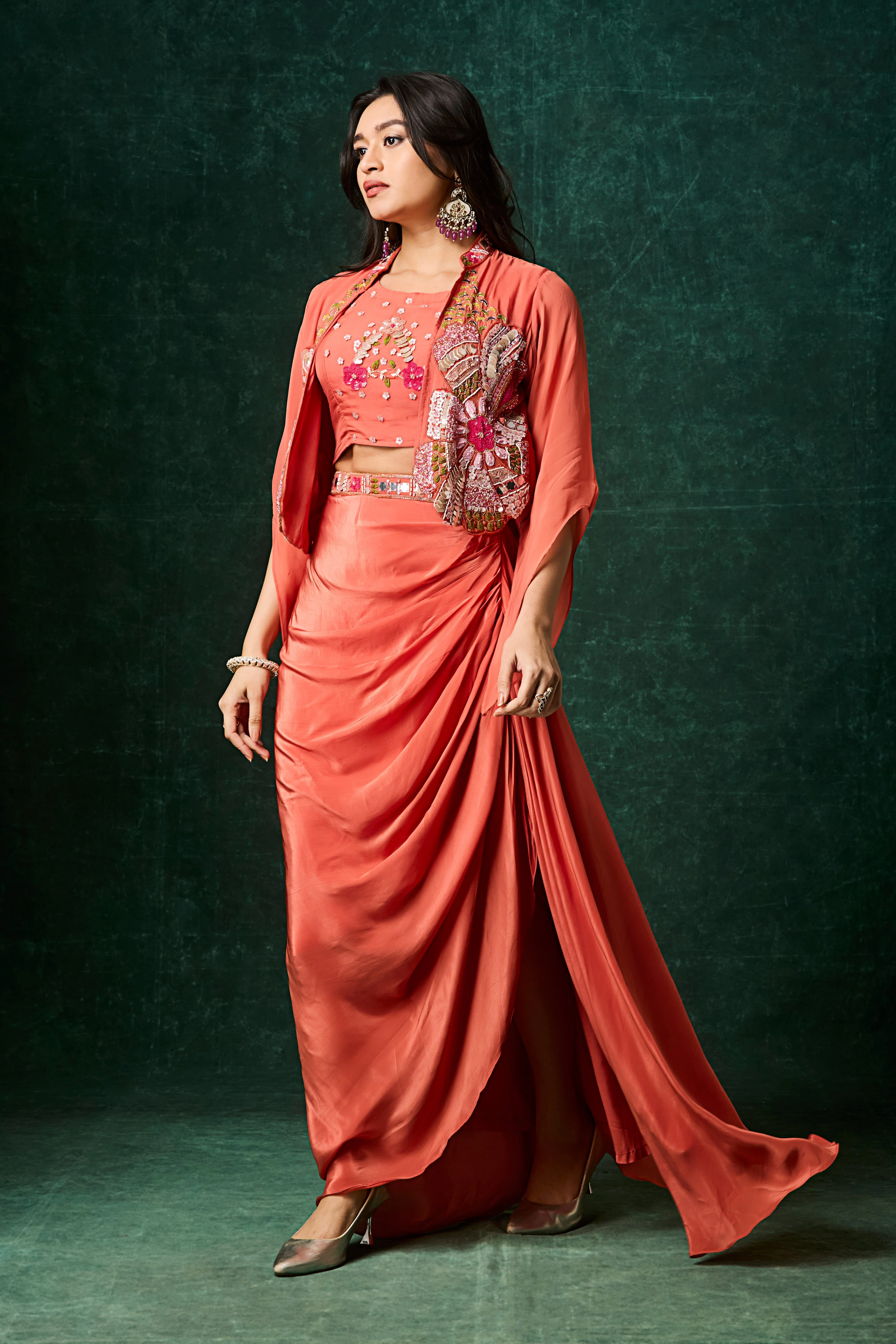 Terracotta Orange Embellished Crepe Silk Skirt Set - Image 3