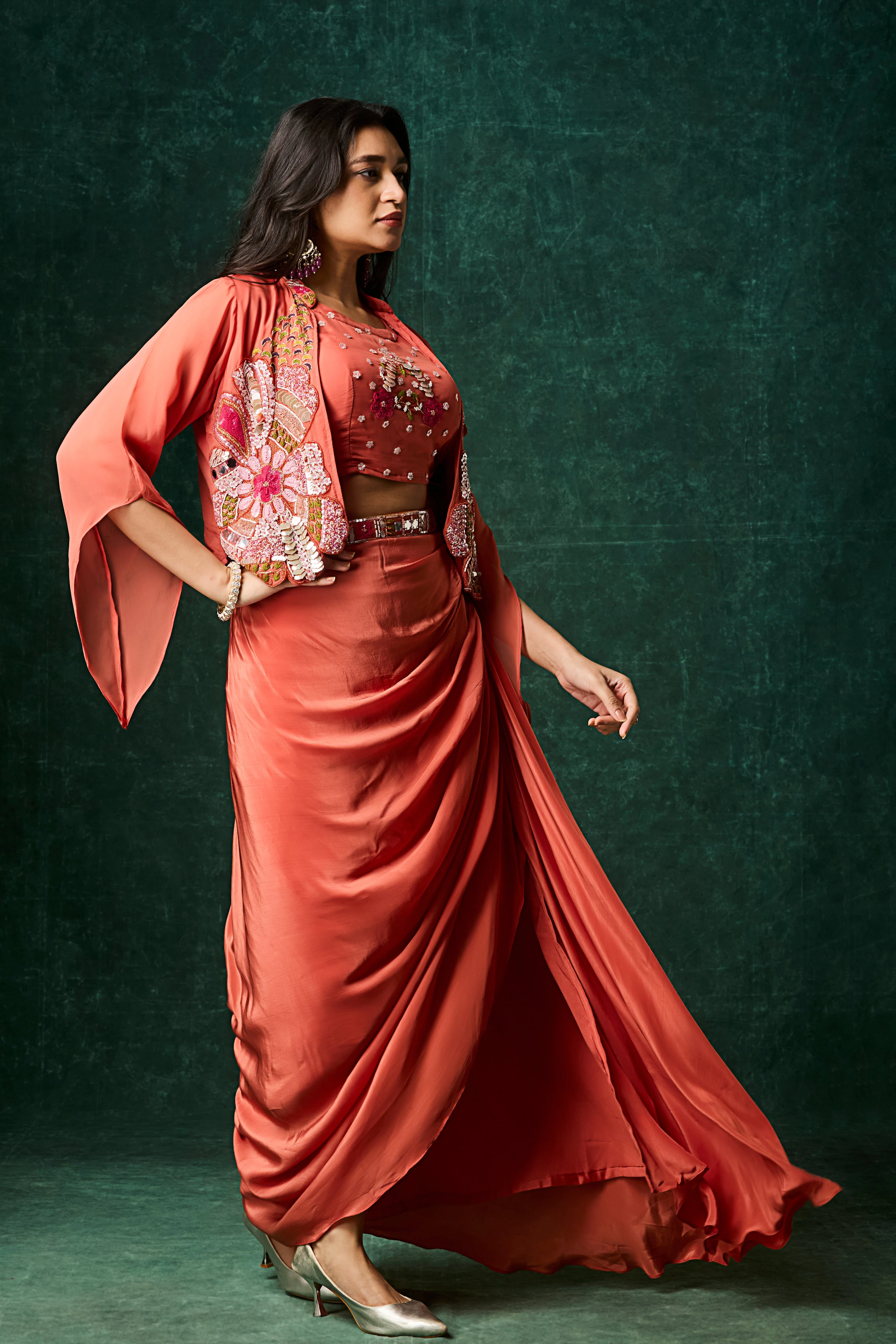 Terracotta Orange Embellished Crepe Silk Skirt Set - Image 4