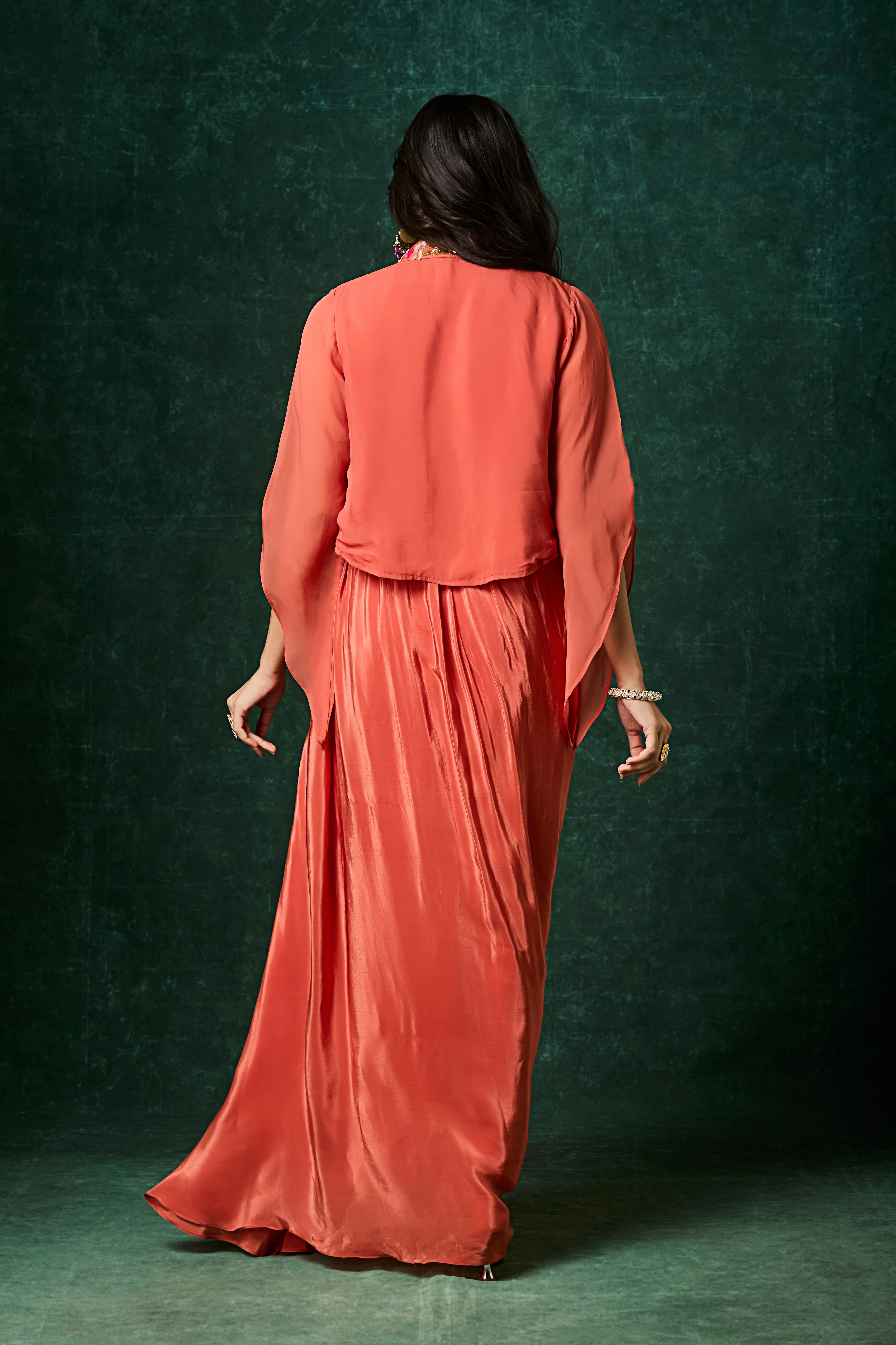 Terracotta Orange Embellished Crepe Silk Skirt Set - Image 5