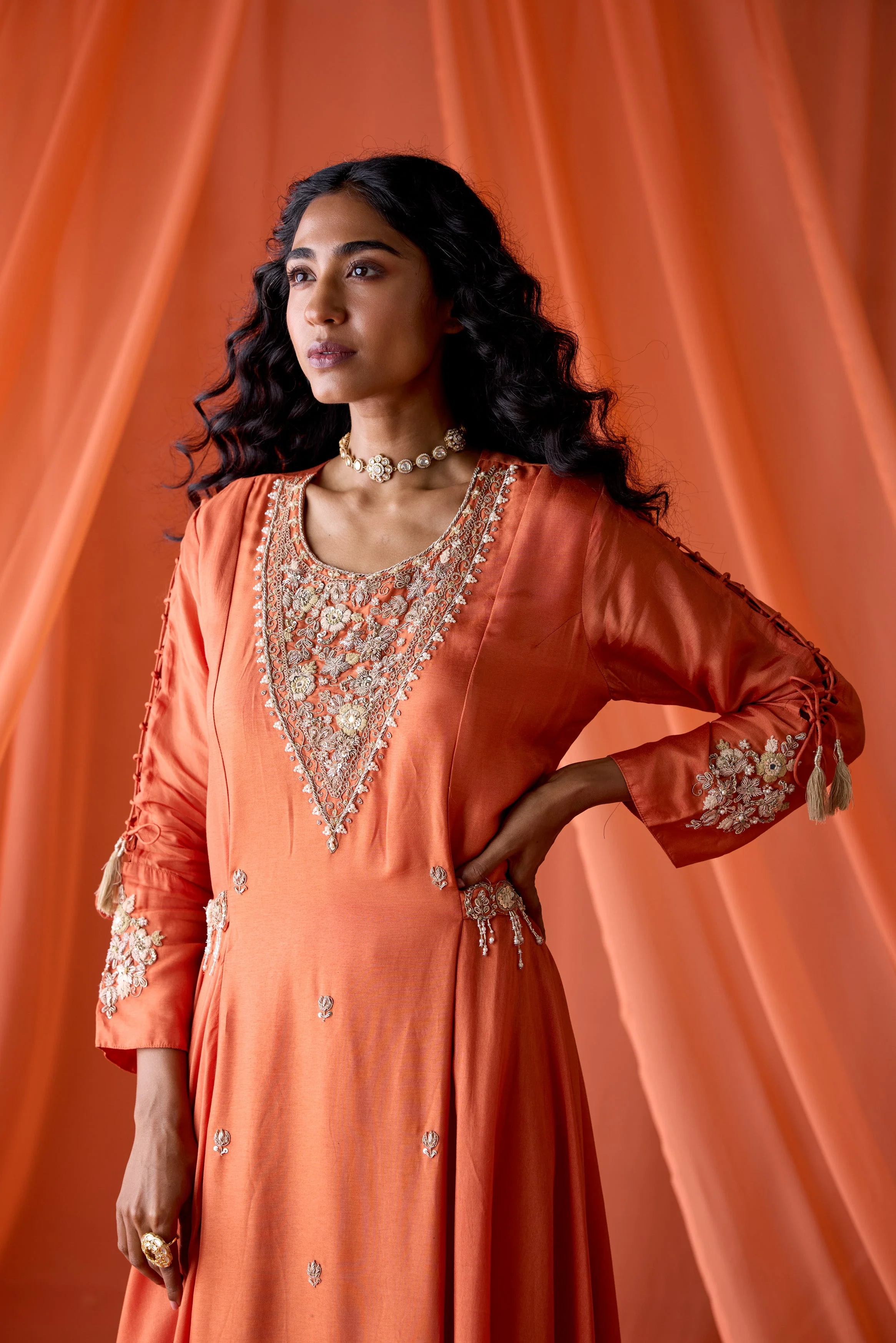 Sunset Orange Embellished Satin Silk Skirt Set - Image 3
