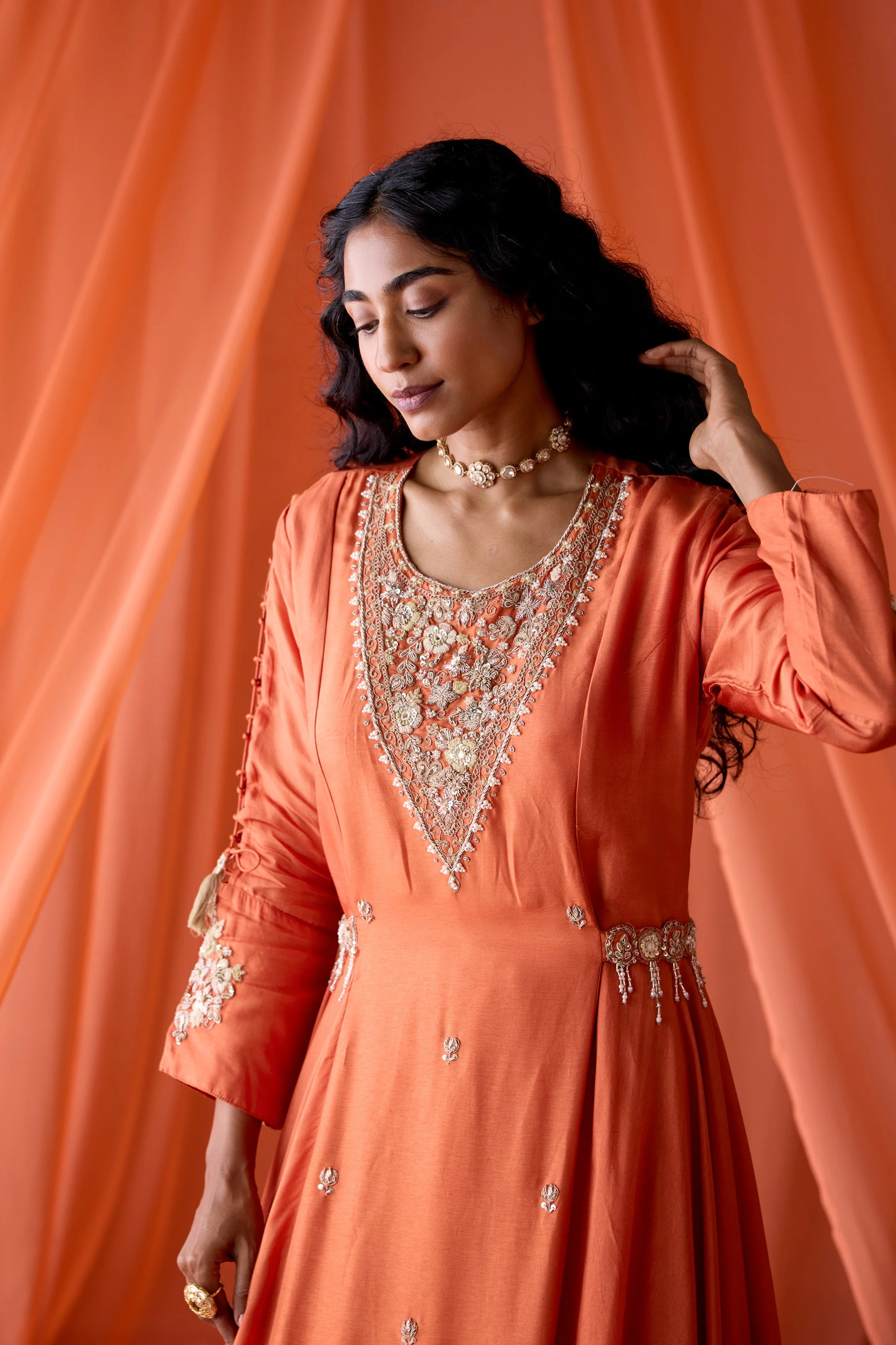 Sunset Orange Embellished Satin Silk Skirt Set - Image 4