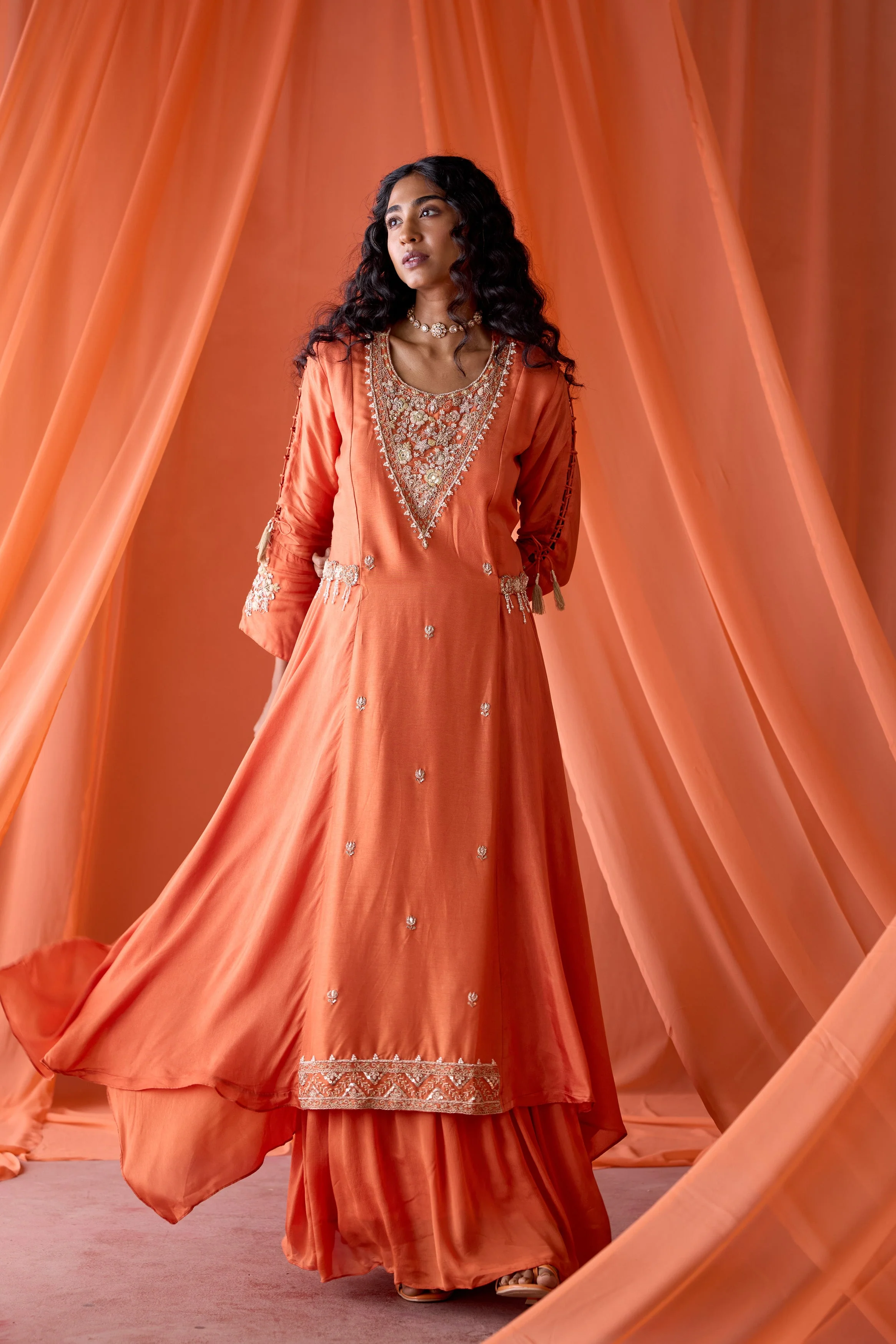Sunset Orange Embellished Satin Silk Skirt Set - Image 5