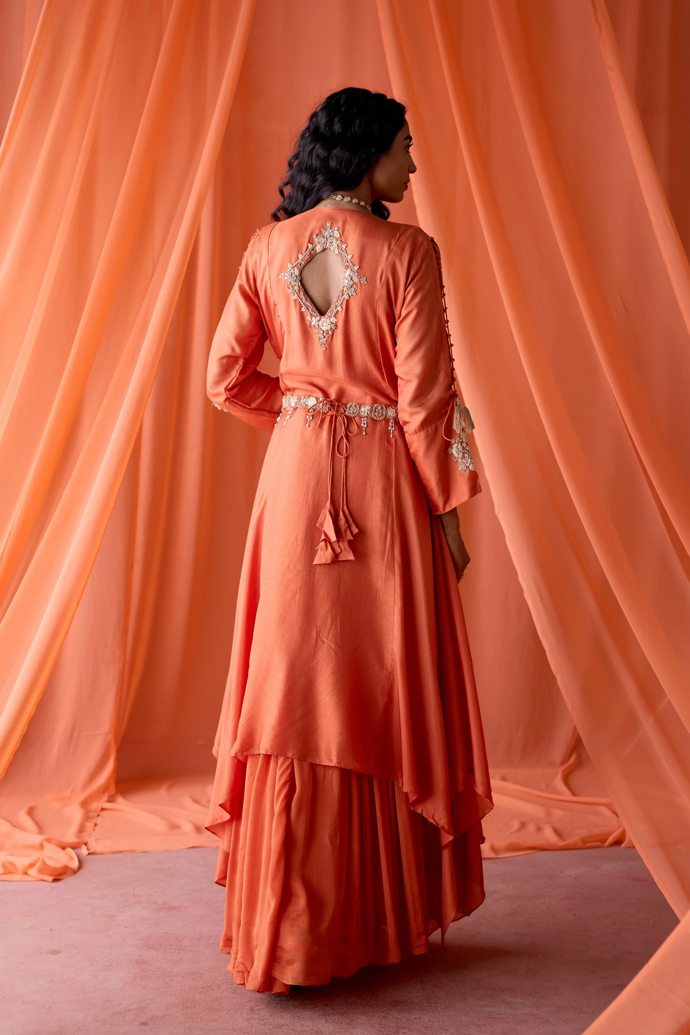 Sunset Orange Embellished Satin Silk Skirt Set - Image 6
