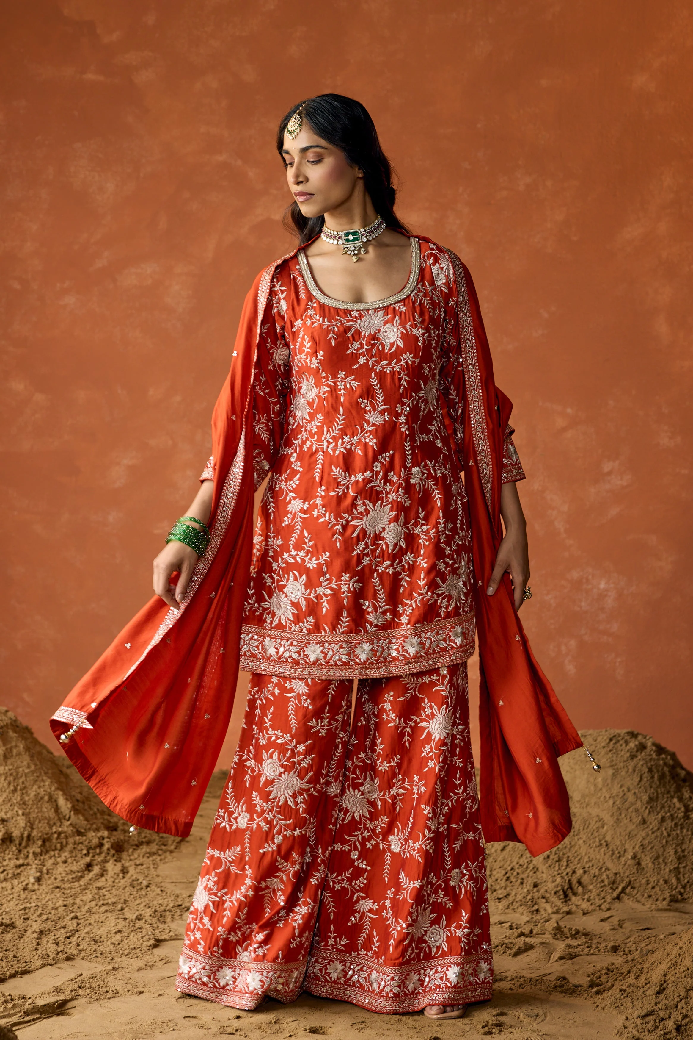 Terracotta Rust Embroidered Uppada Silk Palazzo Set - Image 4