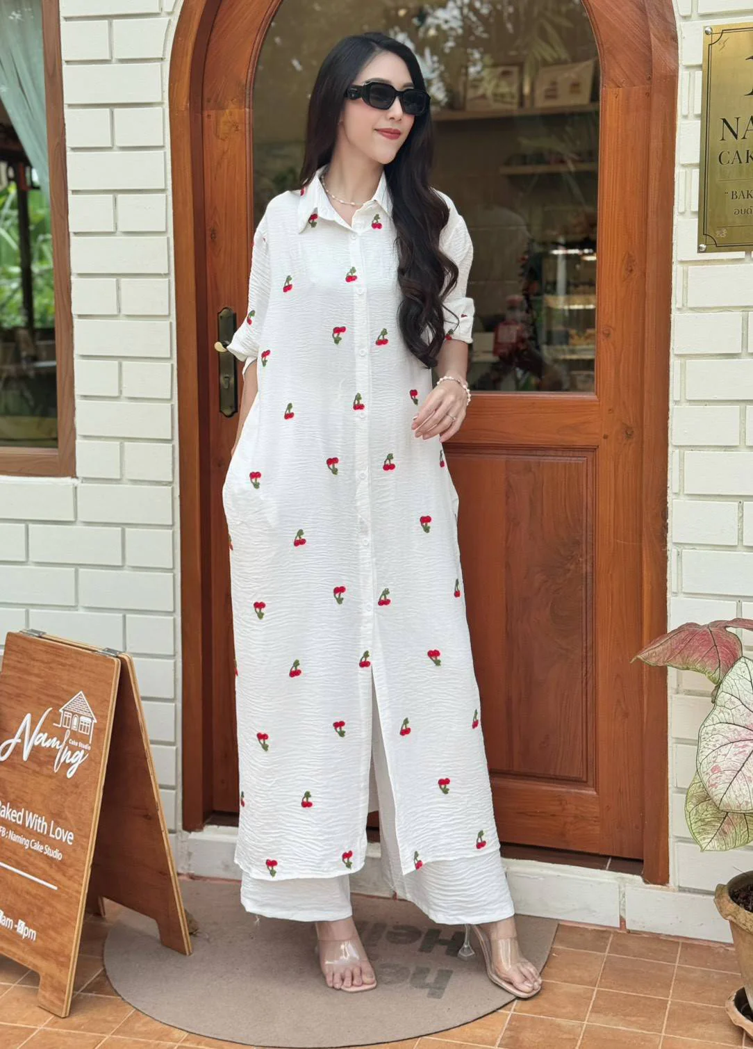 White Floral Embroidered Cotton Co-ord Set - Image 5