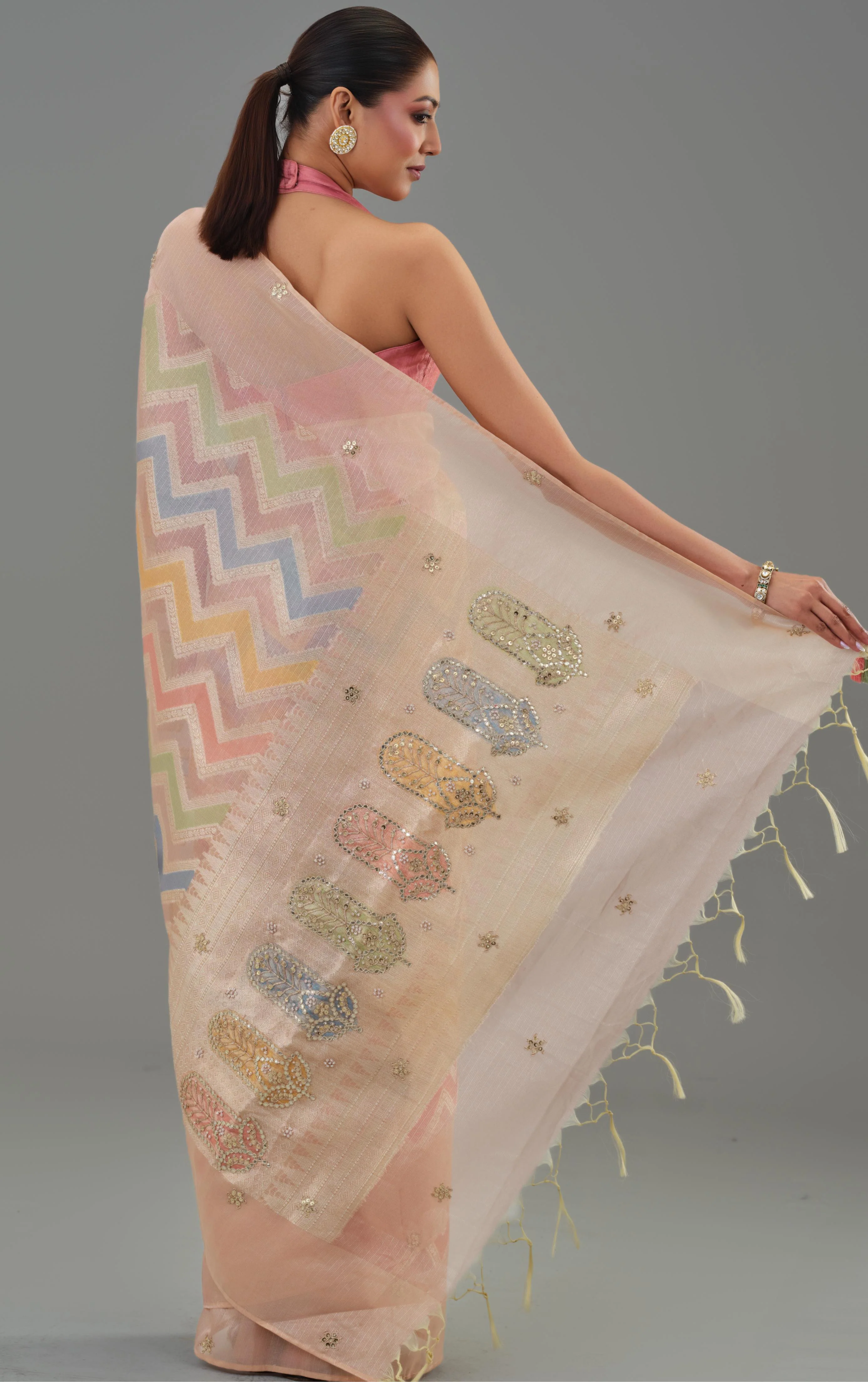 Multicolour Embellished Tissue Silk Saree - Image 3