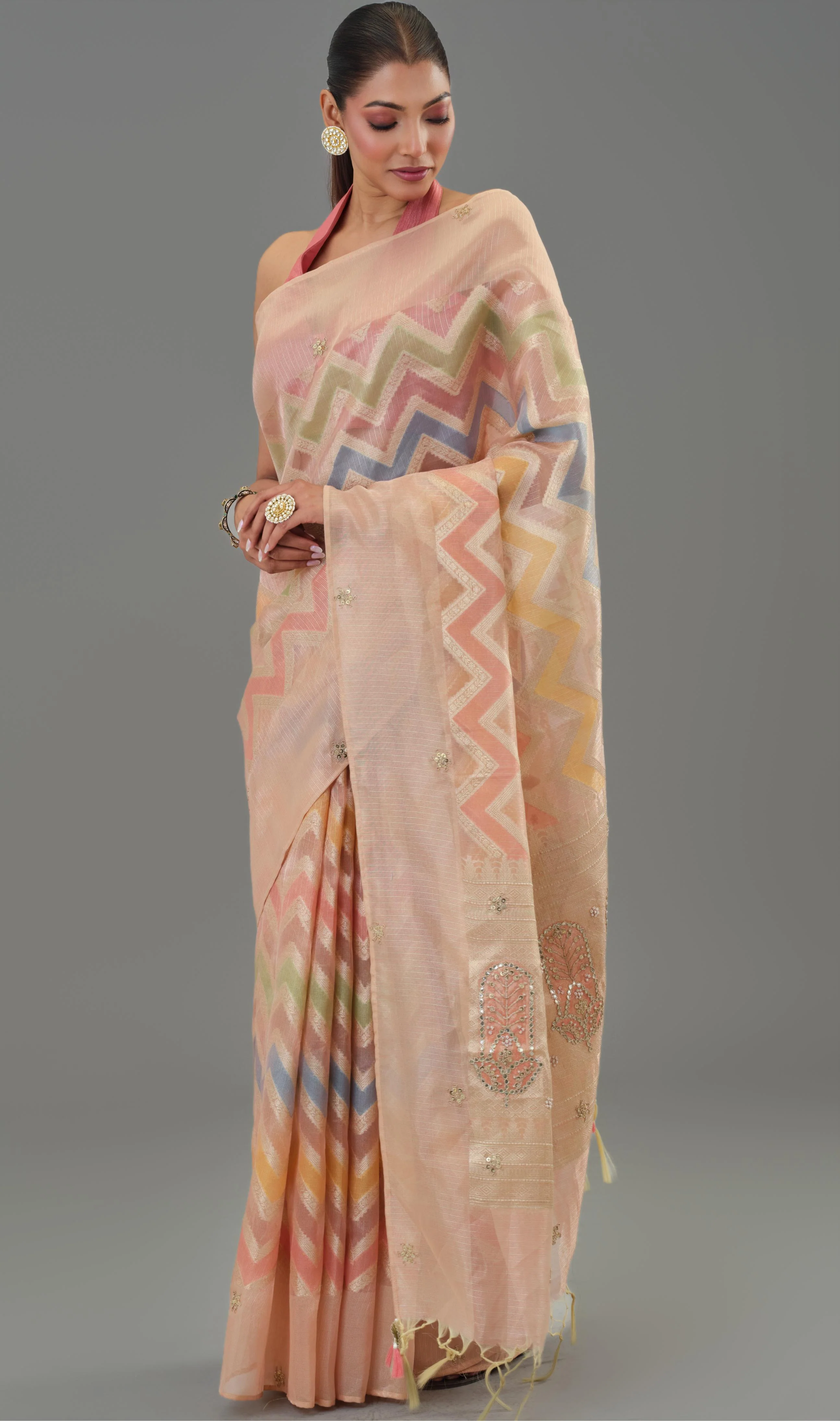 Multicolour Embellished Tissue Silk Saree - Image 4