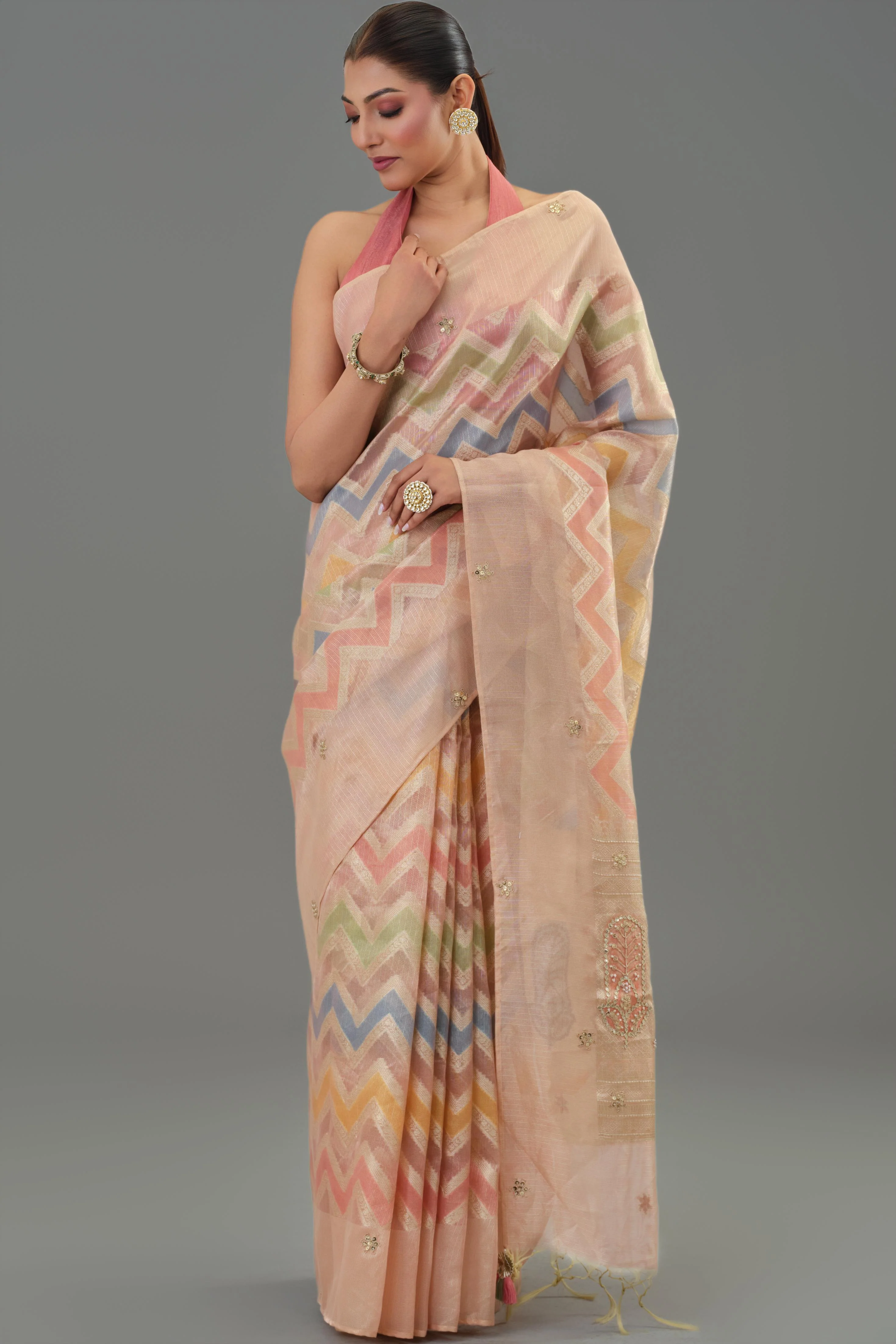 Multicolour Embellished Tissue Silk Saree - Image 5