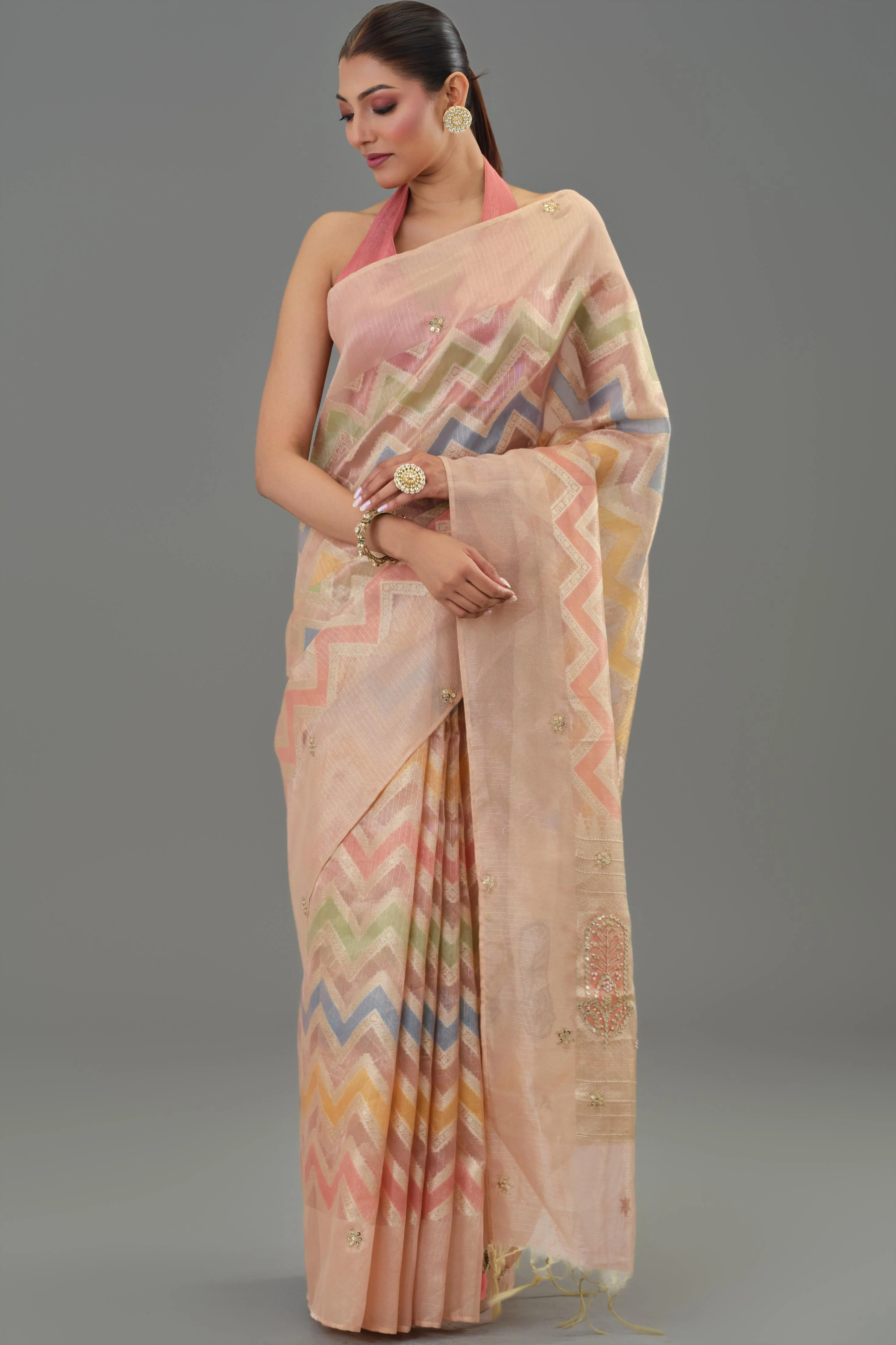 Multicolour Embellished Tissue Silk Saree - Image 6