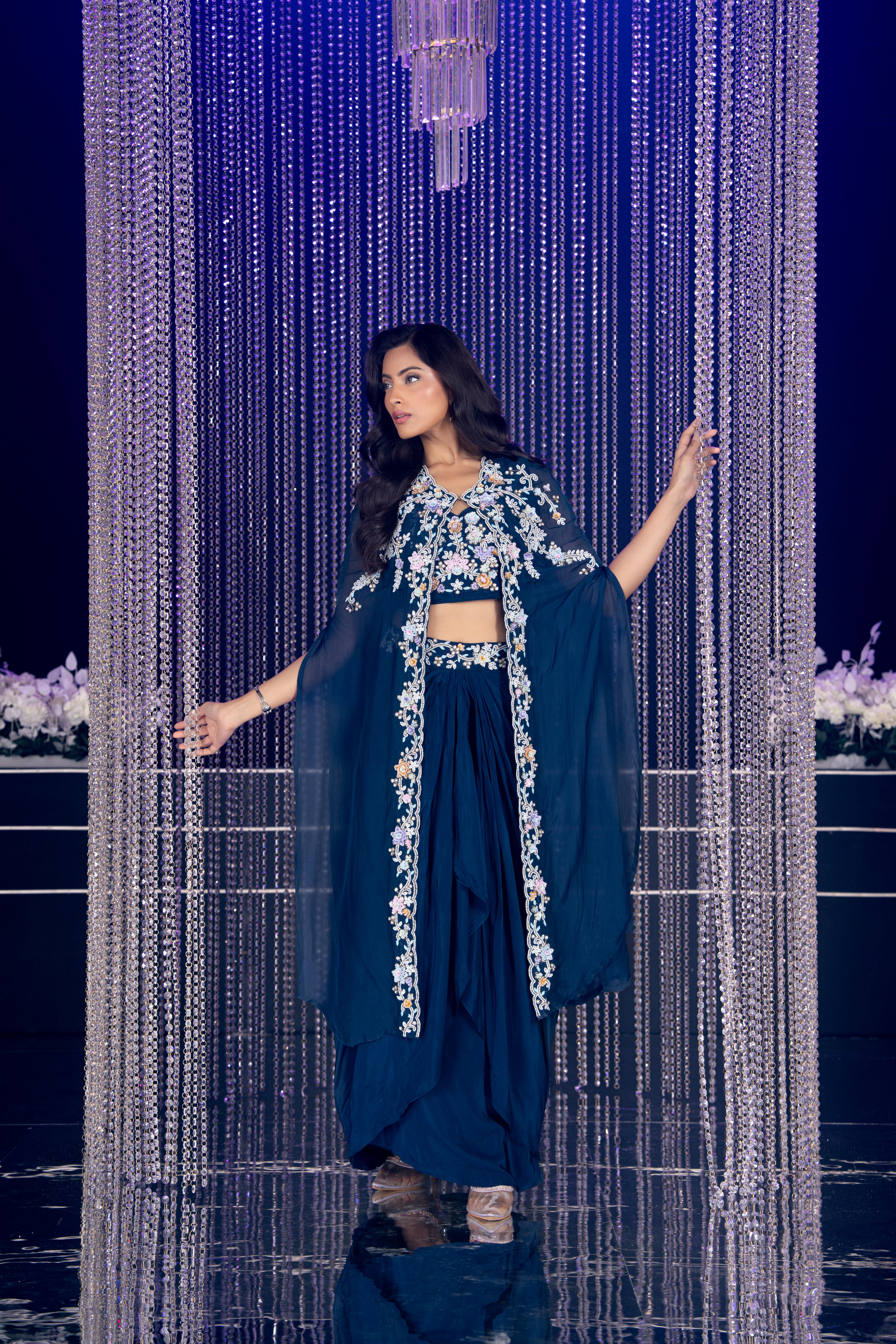 Rich Navy Blue Embellished Crepe Silk Cape Set - Image 2