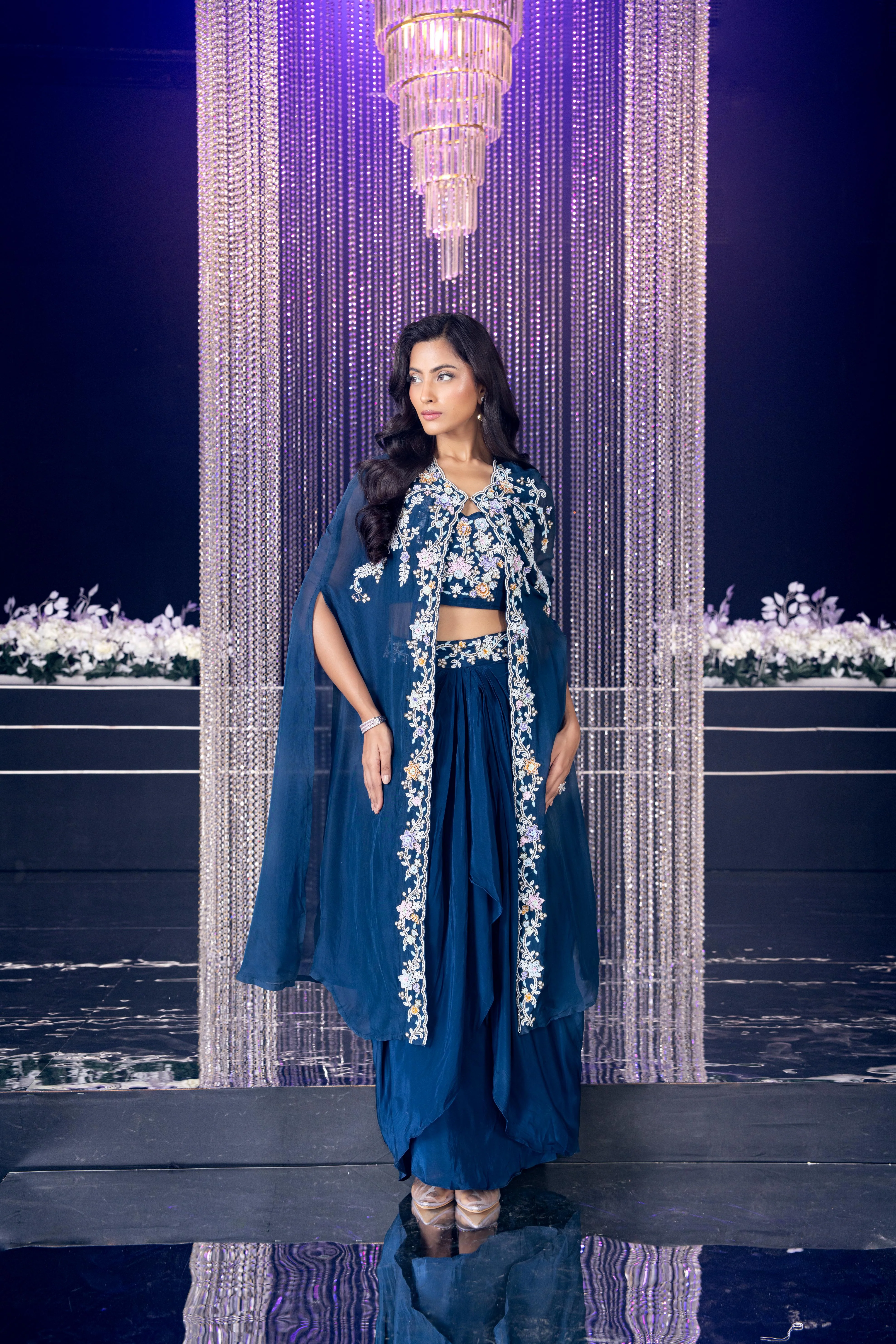 Rich Navy Blue Embellished Crepe Silk Cape Set - Image 3