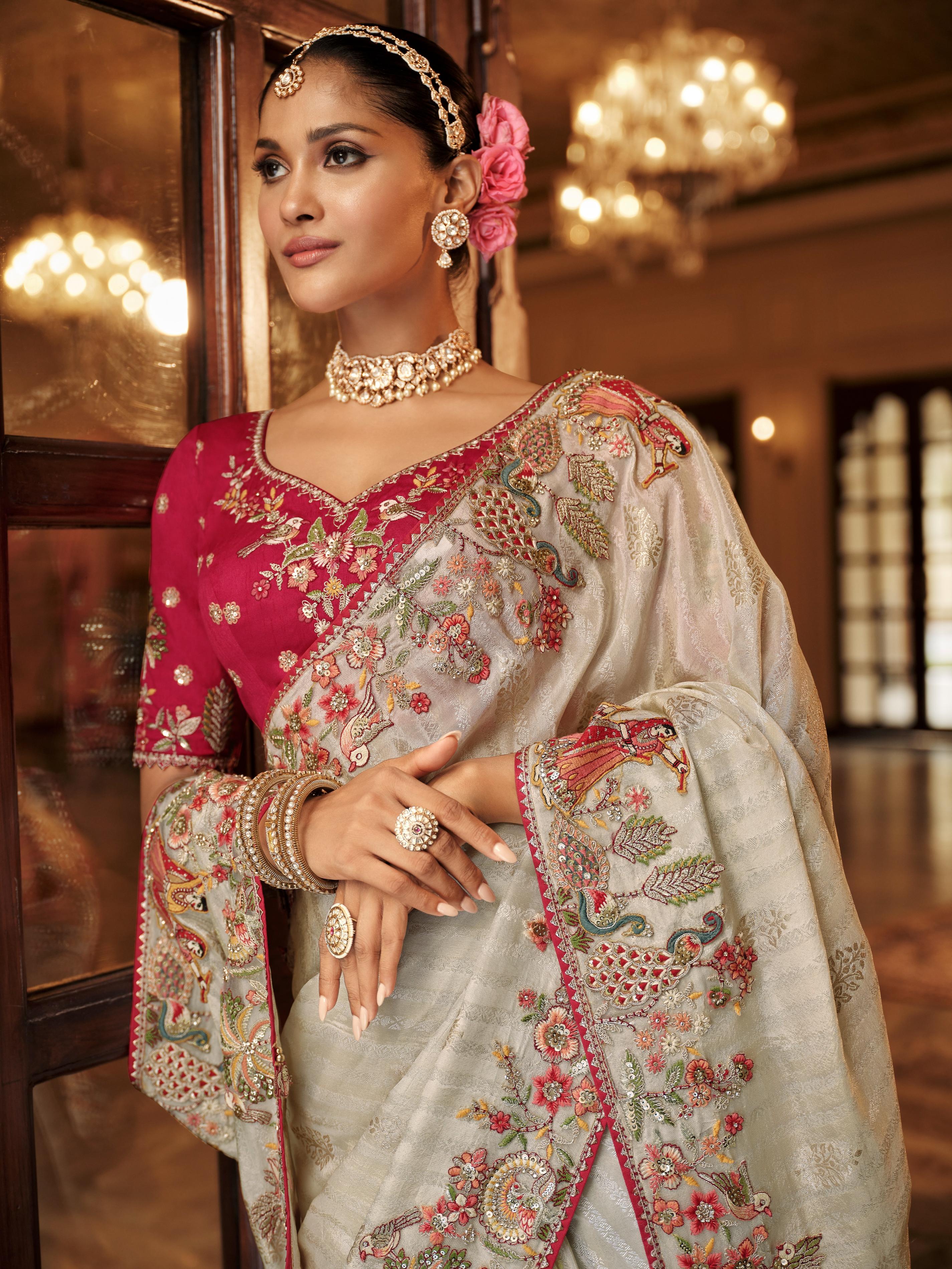 Traditional Cream Premium Fabric Saree with Embroidery and Patchwork - Image 2