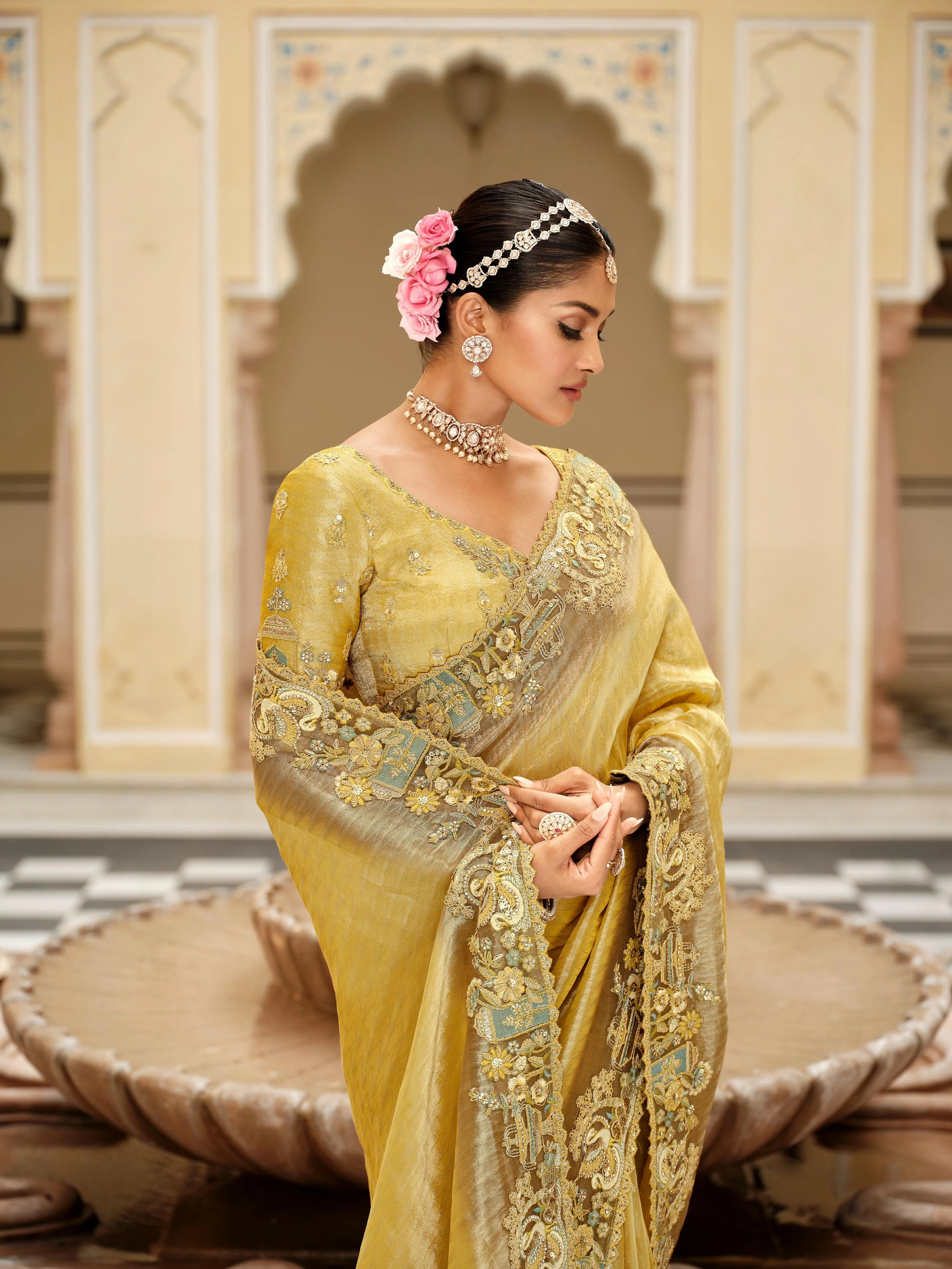 Traditional Golden Premium Fabric Saree with Embroidery and Patchwork
