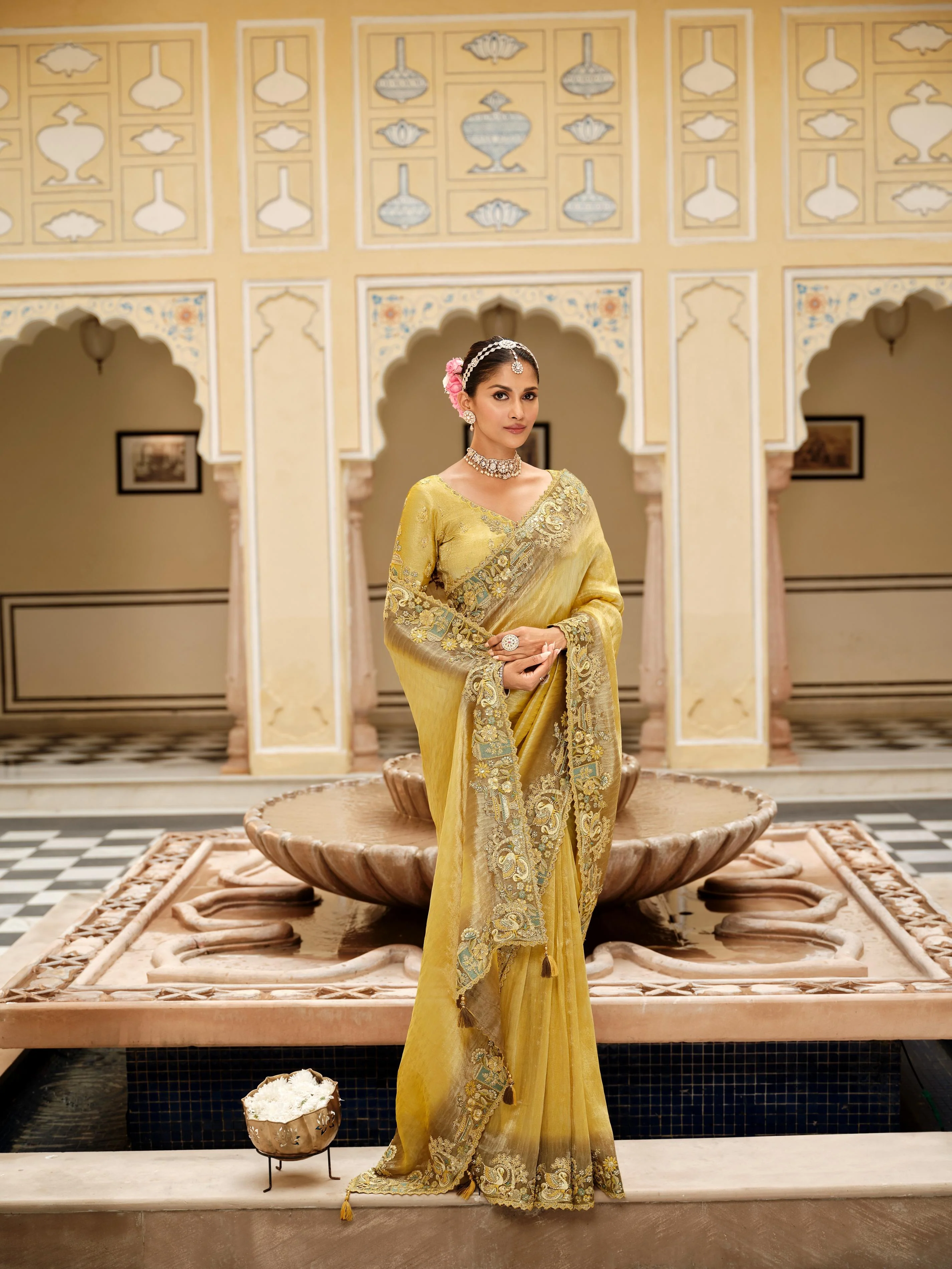 Traditional Golden Premium Fabric Saree with Embroidery and Patchwork - Image 2